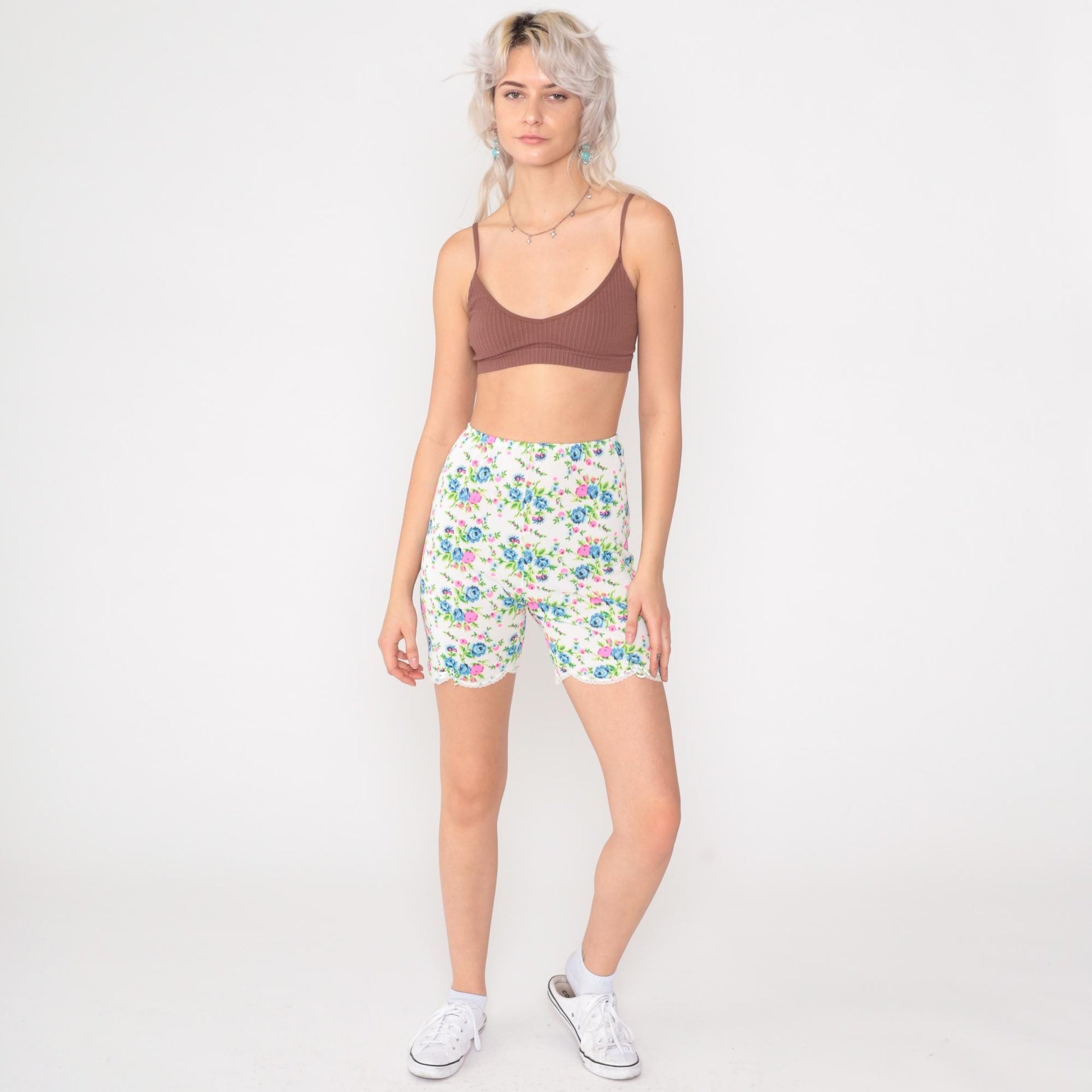 70s Deena Fine Lingerie Floral Bike Shorts White Nylon Lace Trim XS