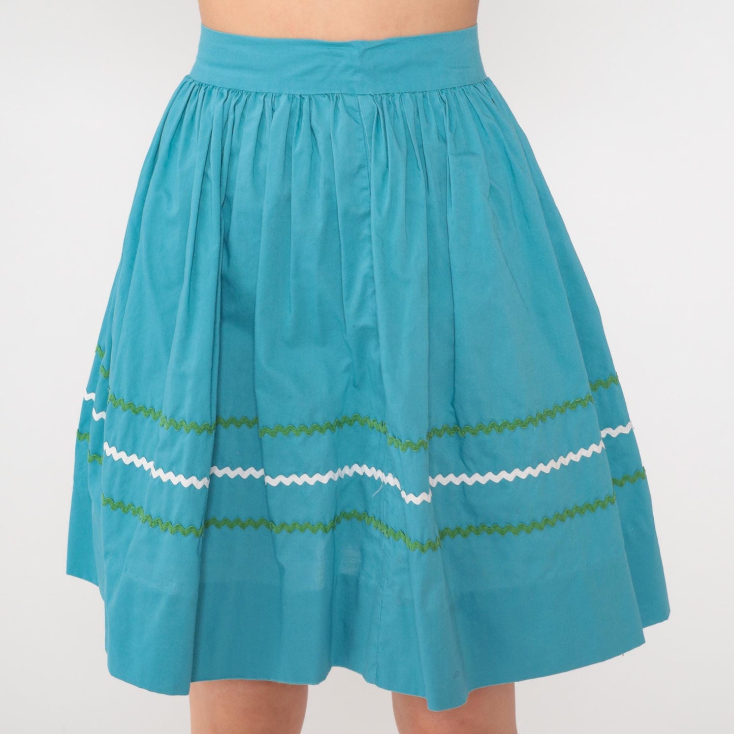 1950s Turquoise High-Waist Mini Skirt Rickrack Trim Full Circle XXS