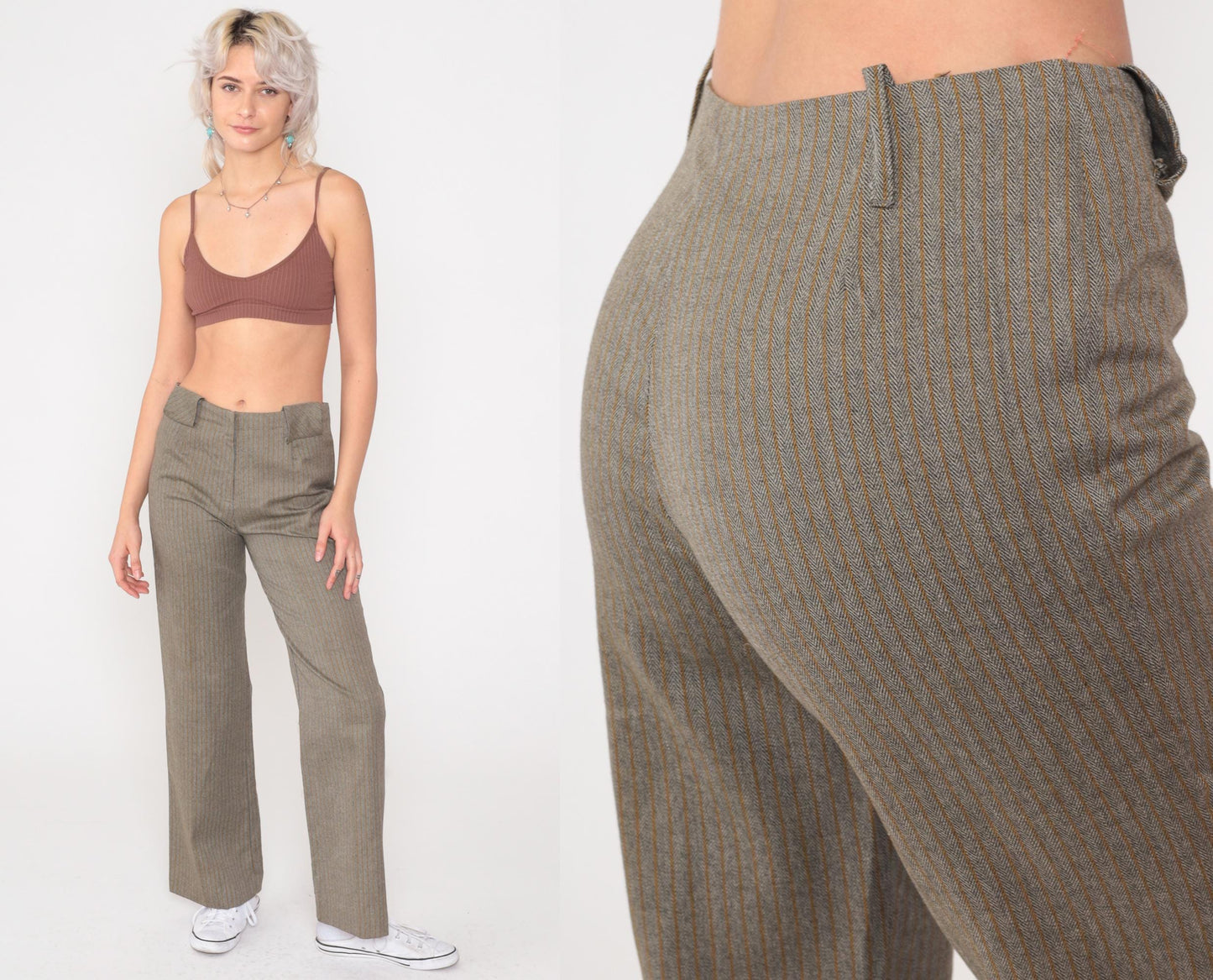 70s Grey Herringbone Pinstriped High-Rise Flare Pants Small