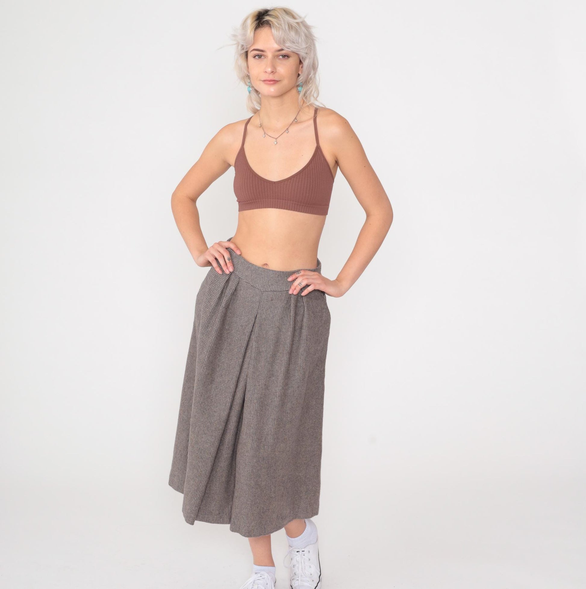 80s Clichy Wool Blend Checkered Midi Skirt Grey High Waisted Pleated Small