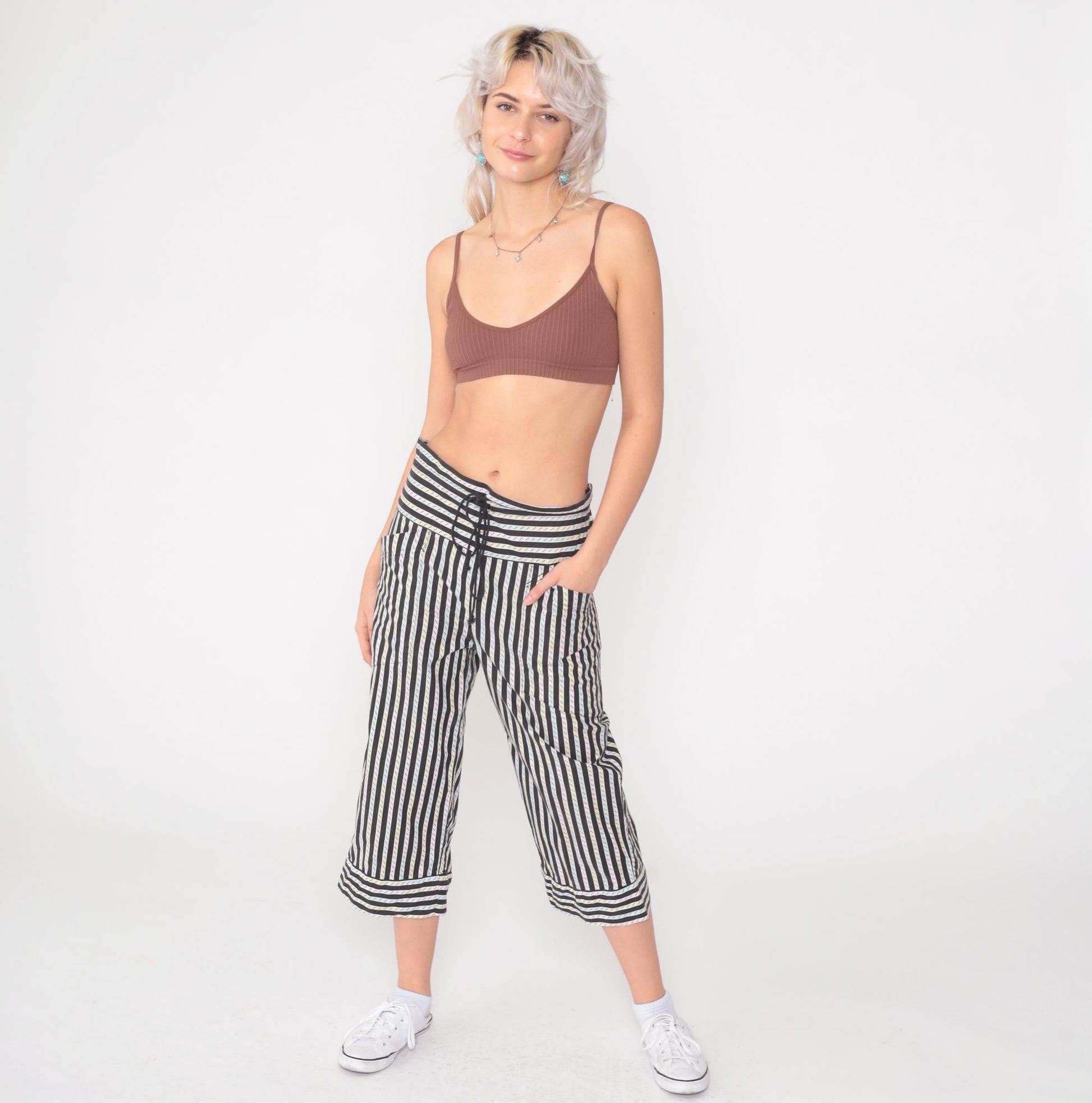 80s La Blanca Sport Striped High-Waist Drawstring Pants Black Pastel Extra Small