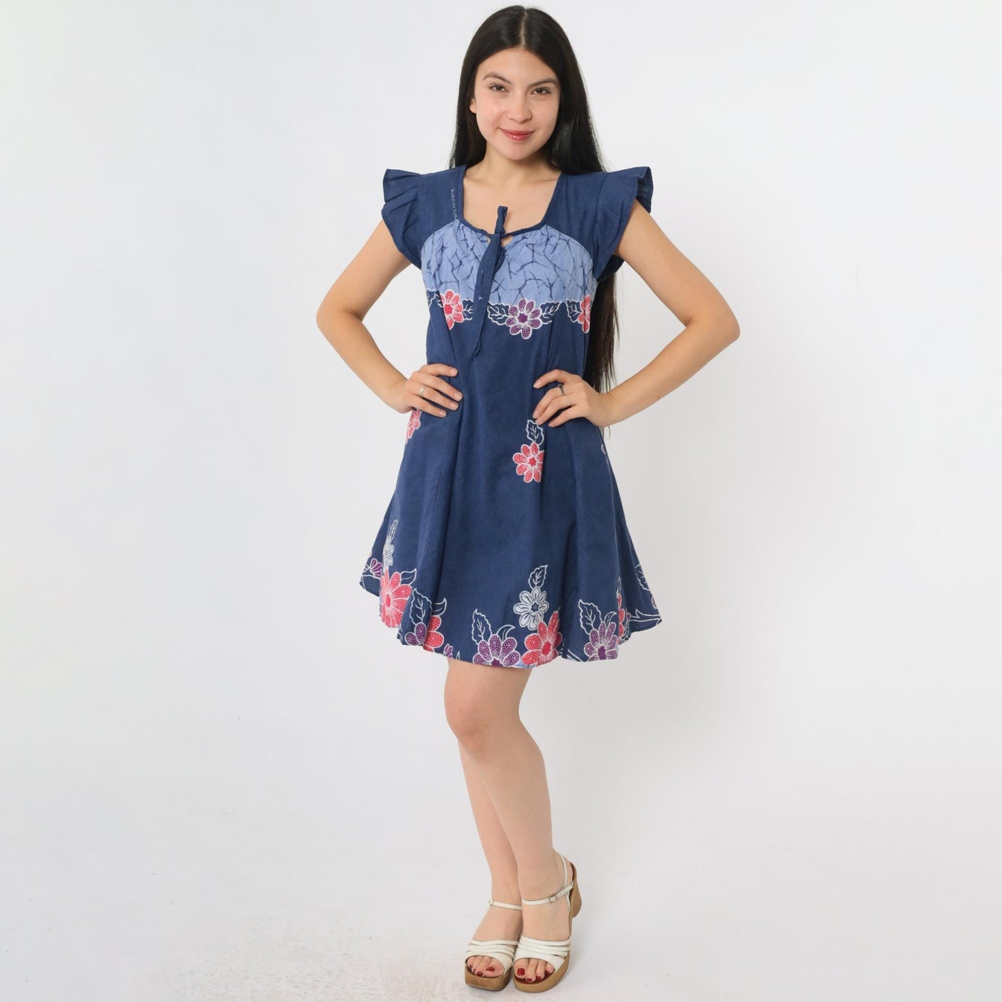90s Batik Floral Blue Mini Dress Cap Sleeve Tie Neck Trapeze Small S