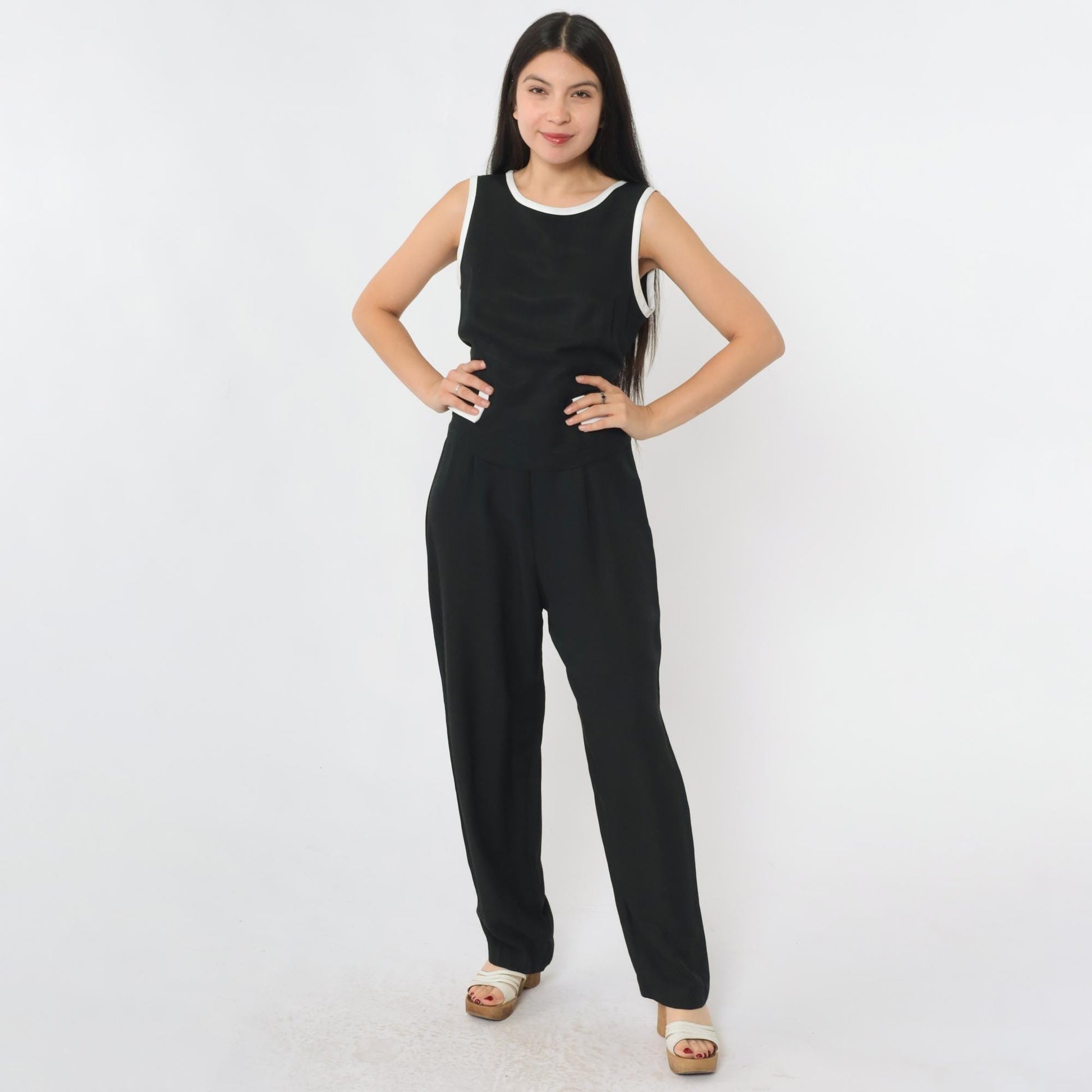 90s Black Jumpsuit White Ringer Trim Sleeveless Straight Leg Medium