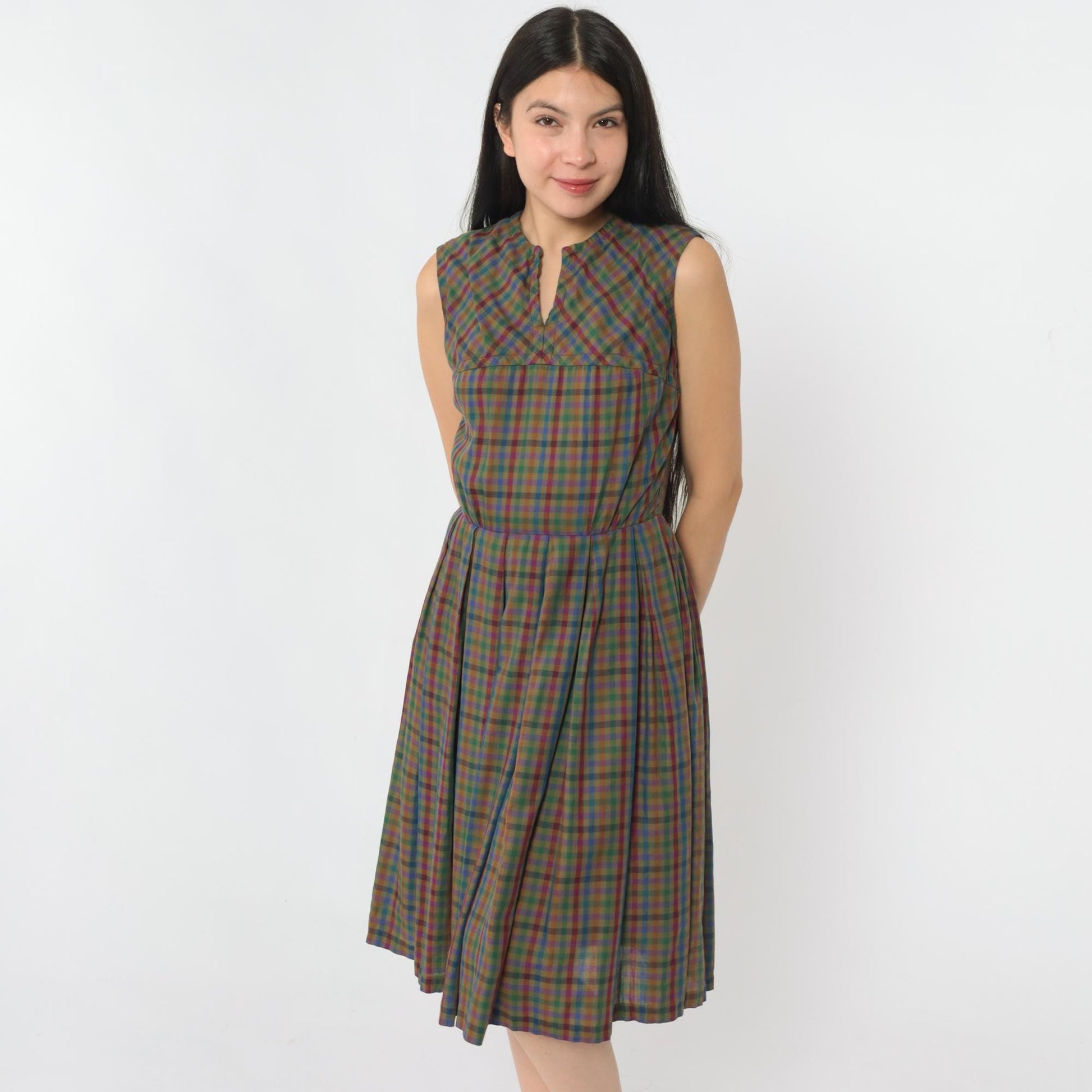 1960s Sue Brett Olive Gingham Sleeveless Midi Dress High Waist Pleated Extra Small