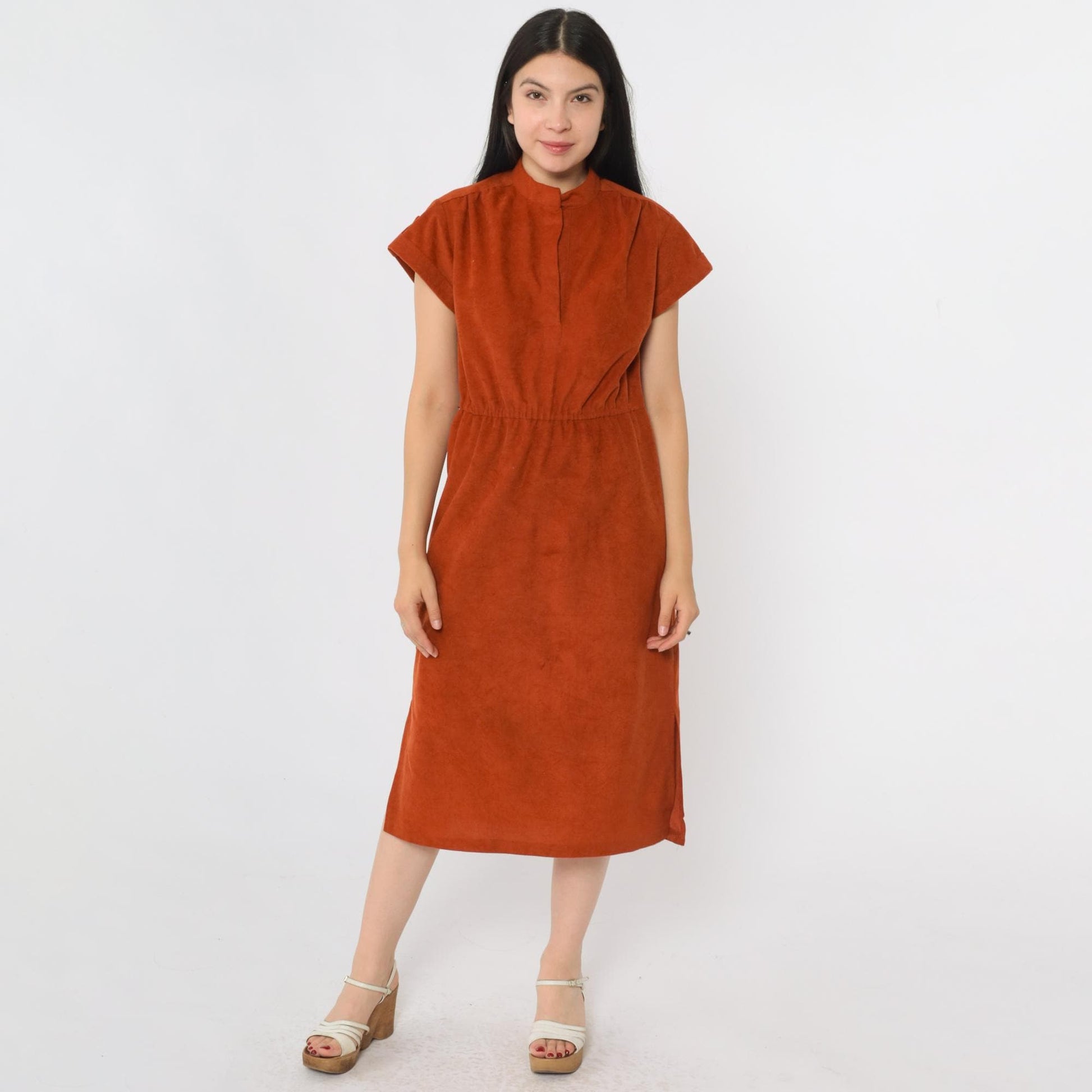 70s Rust Orange Velour Midi Dress High Waist Cap Sleeve Medium