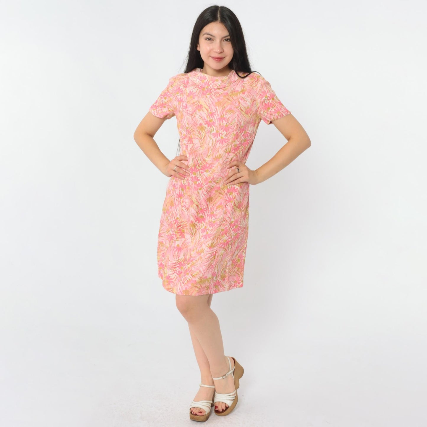 60s Pink Abstract Floral Shift Mini Dress Short Sleeve Small S