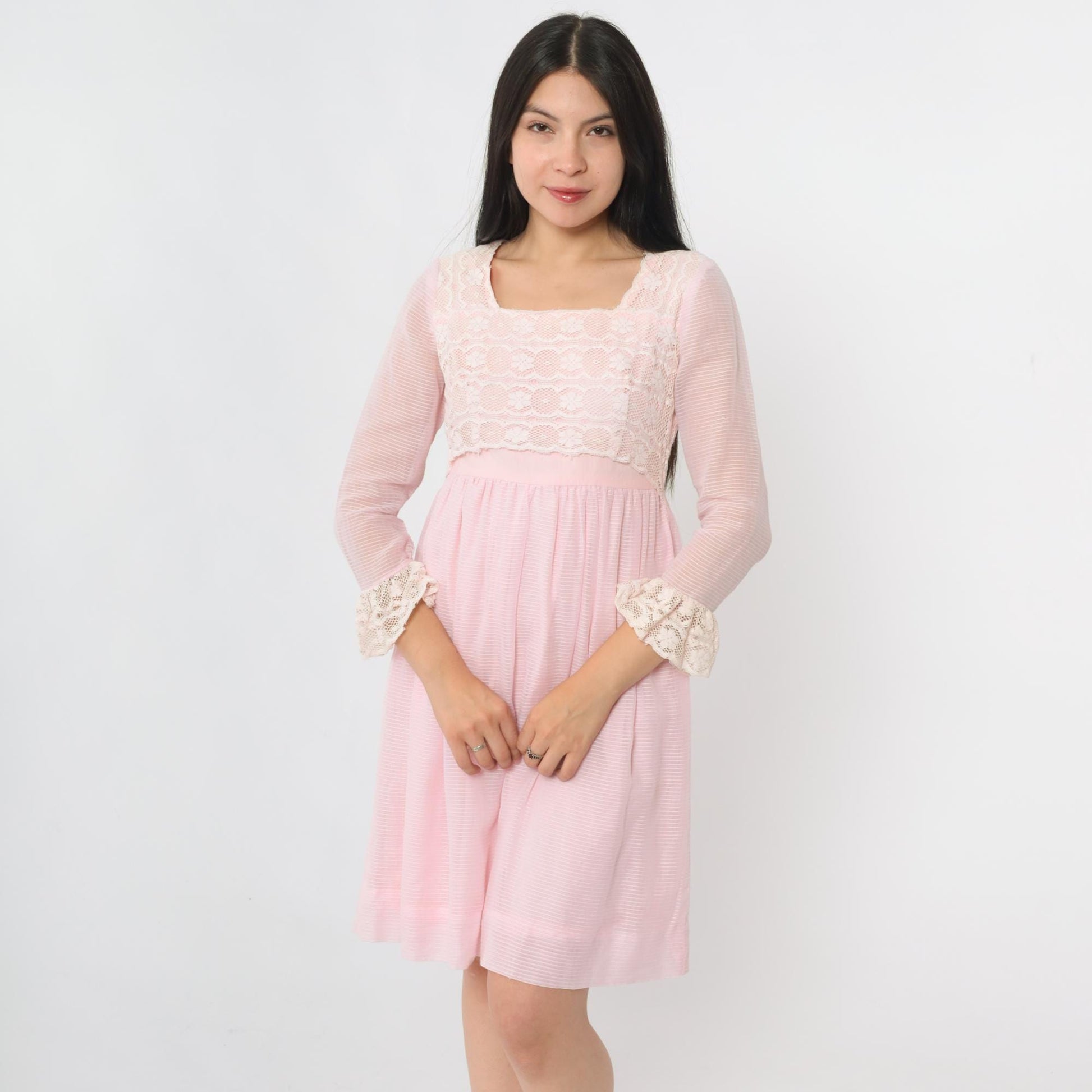 60s Pink Lace Babydoll Dress Empire Waist Mini 3/4 Sleeve Extra Small
