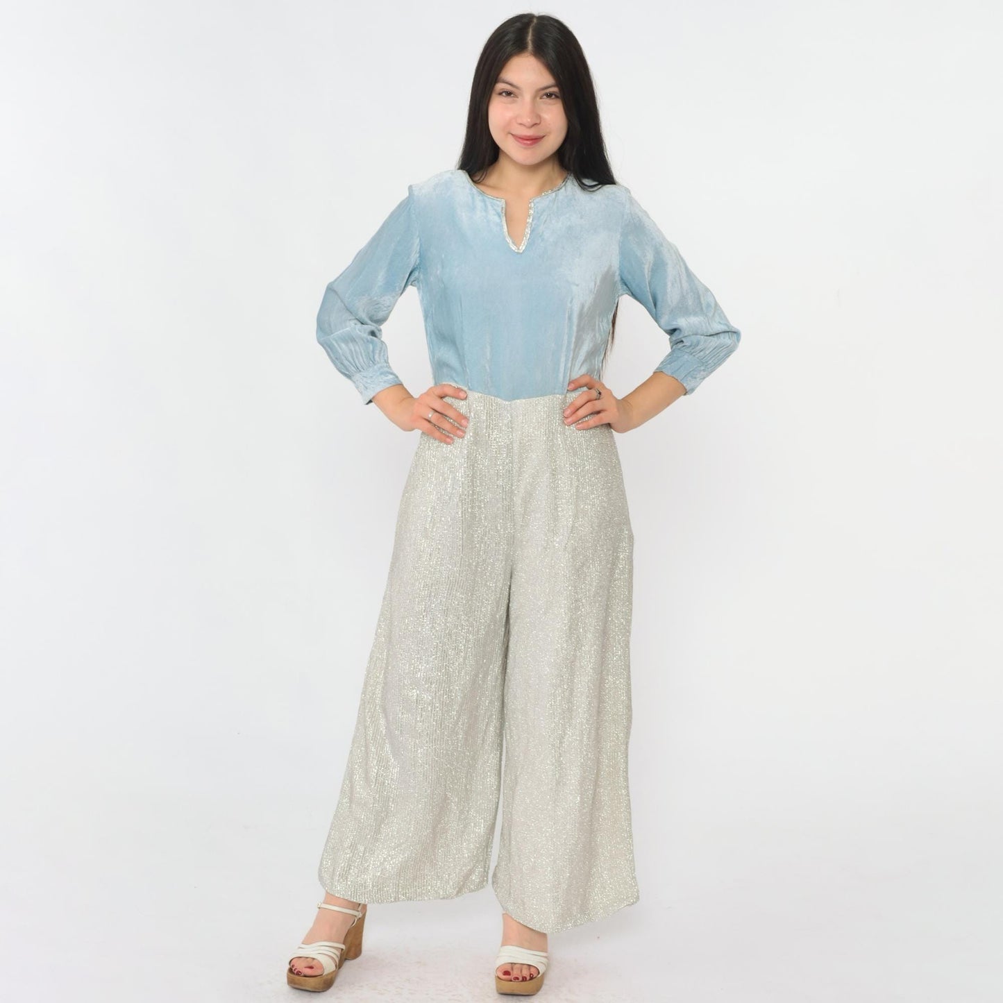 70s Metallic Velvet Jumpsuit Wide Leg Light Blue Silver V-Neck Small S