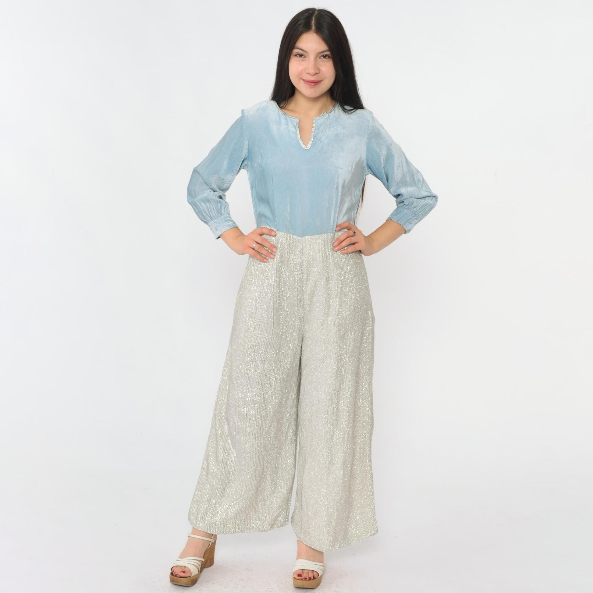 70s Metallic Velvet Jumpsuit Wide Leg Light Blue Silver V-Neck Small S