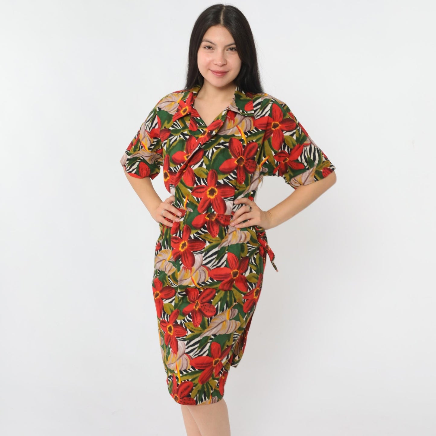 80s Tropical Floral Wrap Dress Knee Length V-Neck Red Green Small