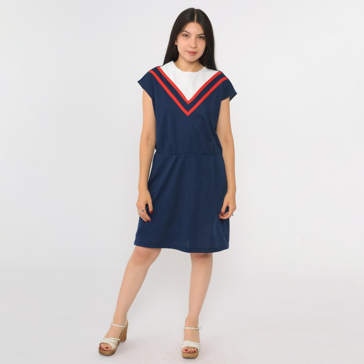 80s Navy Chevron Striped Mini Dress White Yoke Cap Sleeve High Waist Medium