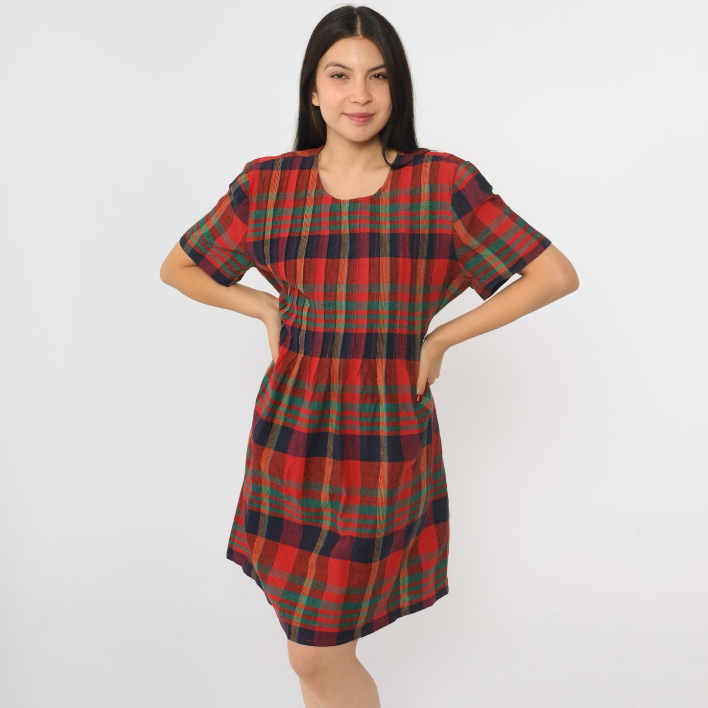 90s Plaid Mini Dress Red Blue Green Checkered Shift Linen Cotton Large