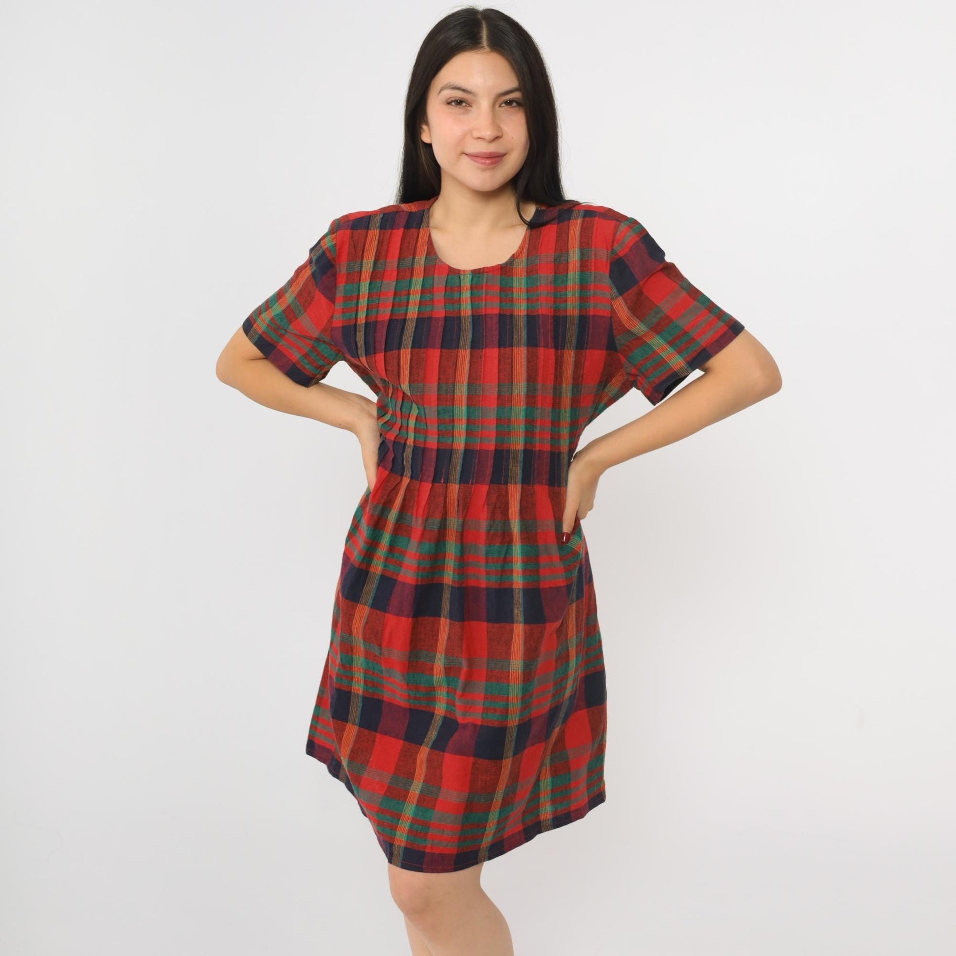 90s Plaid Mini Dress Red Blue Green Checkered Shift Linen Cotton Large