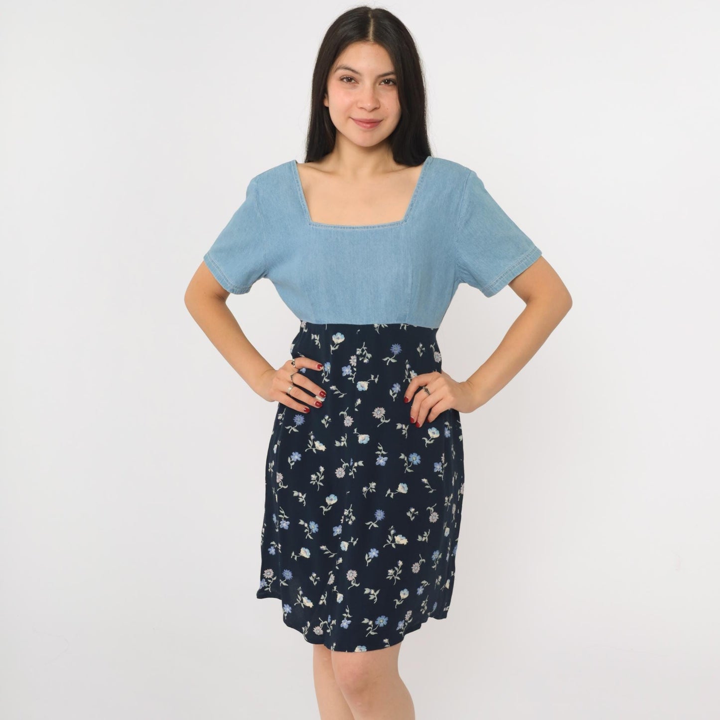 90s Jeans by Express Floral Denim Mini Dress High Waist Blue Small