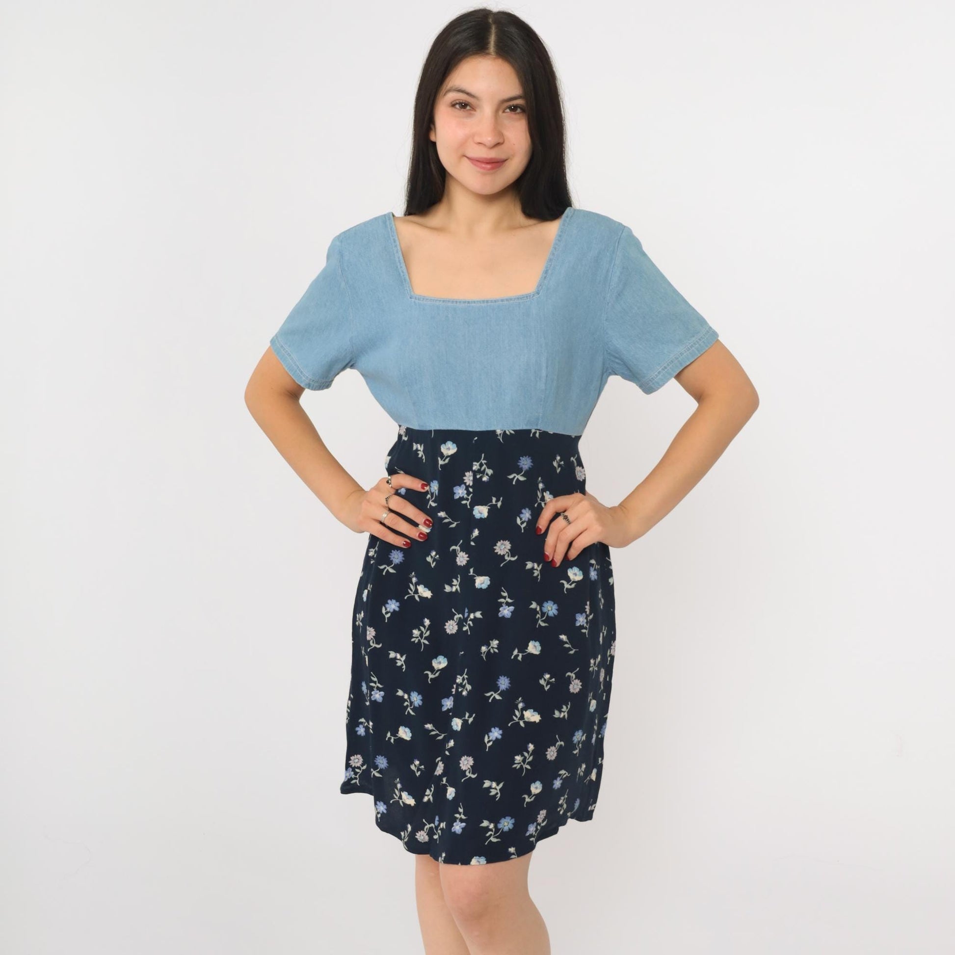 90s Jeans by Express Floral Denim Mini Dress High Waist Blue Small
