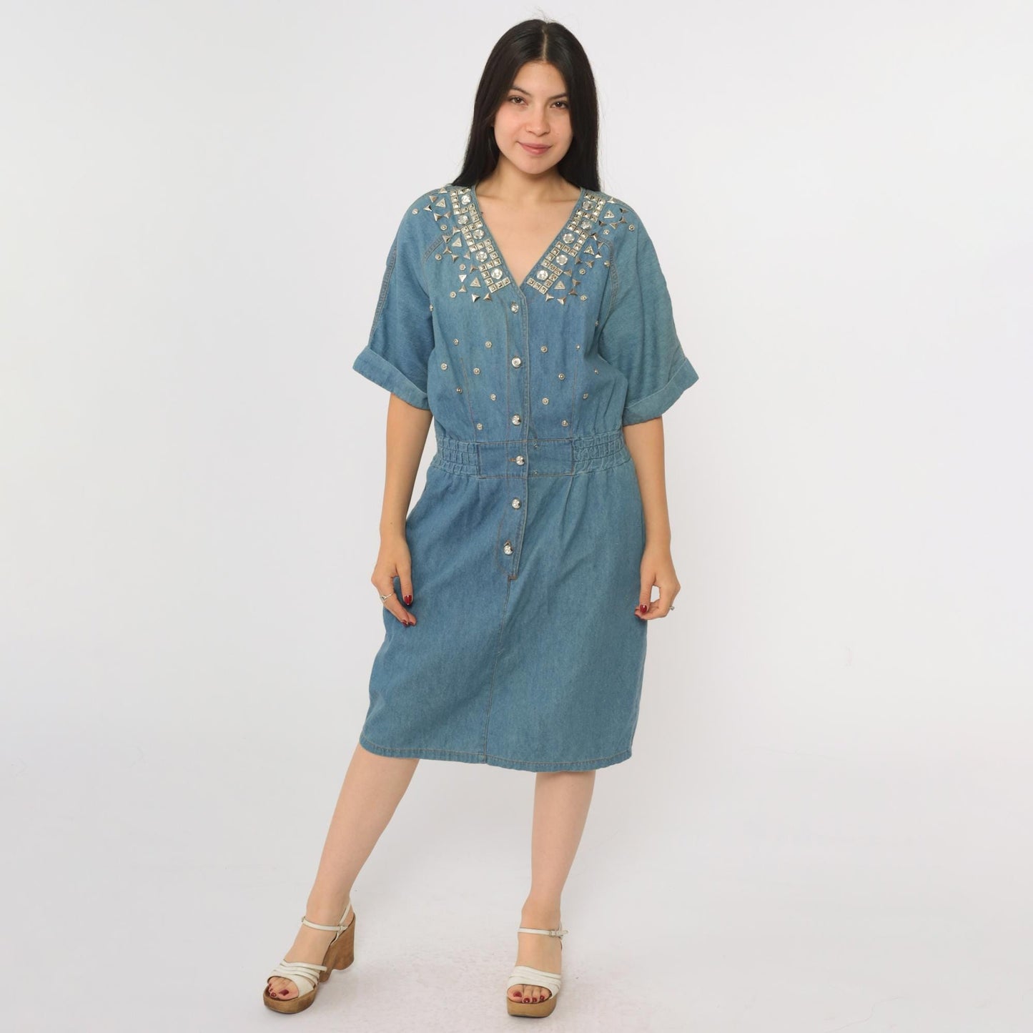 90s Styleworks Blue Denim Midi Dress Studded Rhinestone Button-Up V-Neck Medium