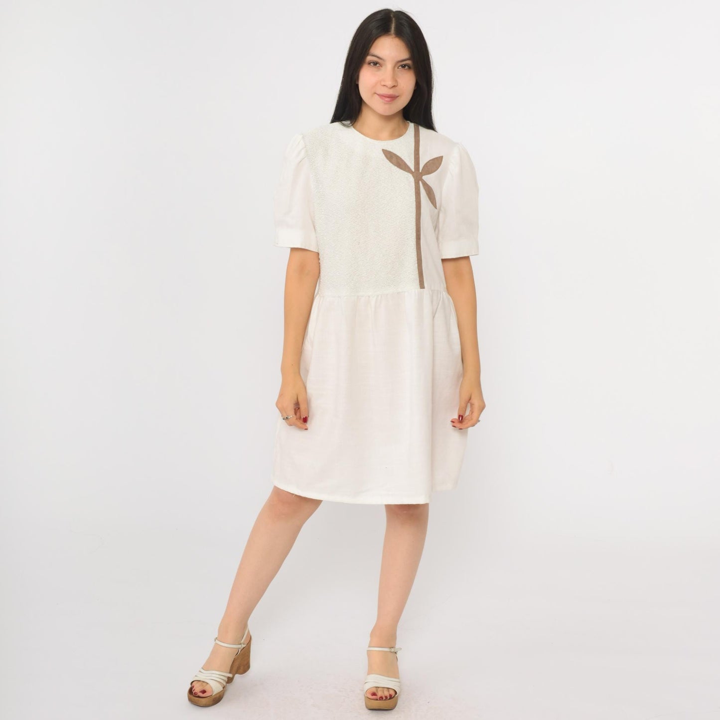 80s Leslie Fay White Floral Applique Mini Dress Puff Sleeve Boucle Knit Medium Large