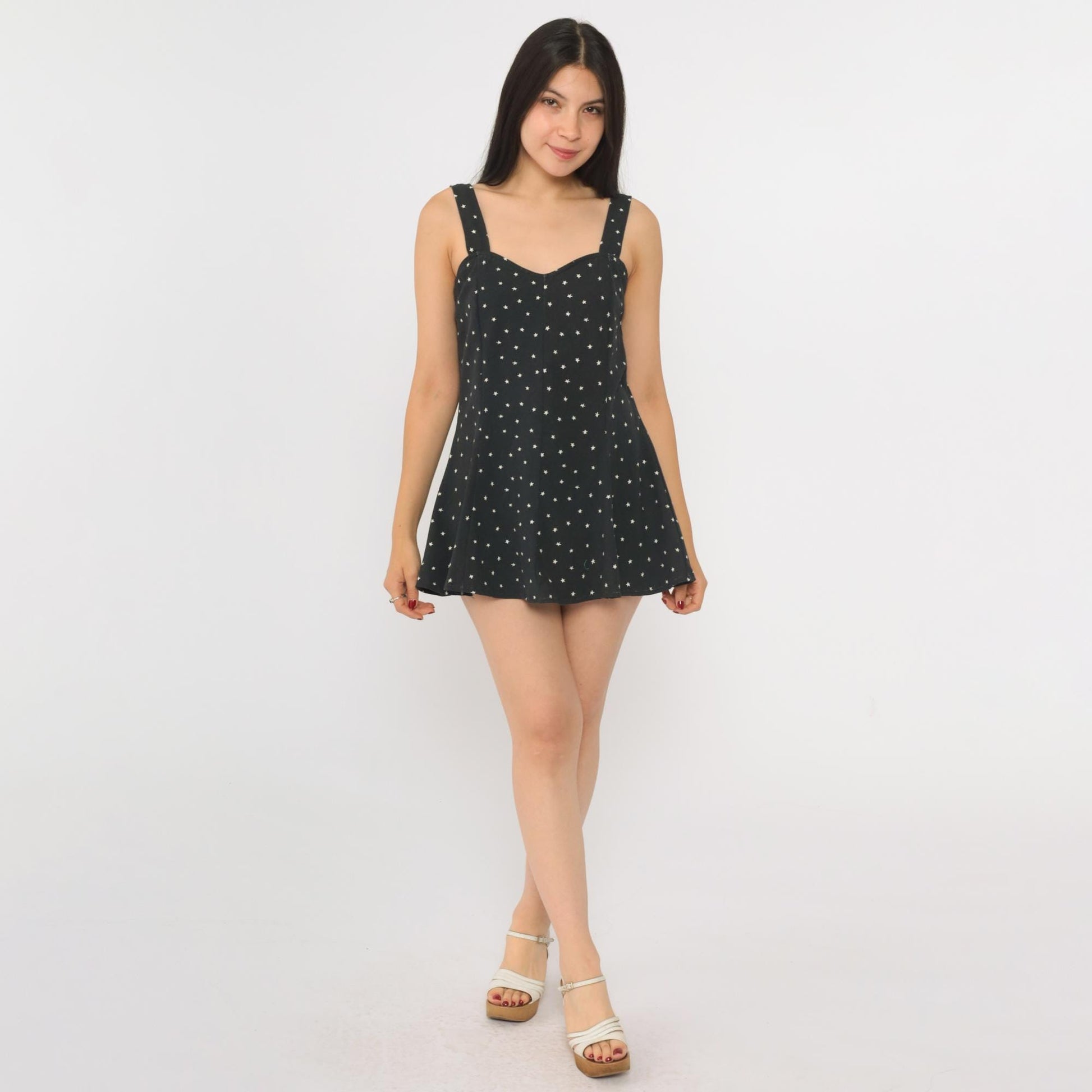 90s Black Star Print Micro Mini Sundress Sweetheart Neckline Sleeveless Medium