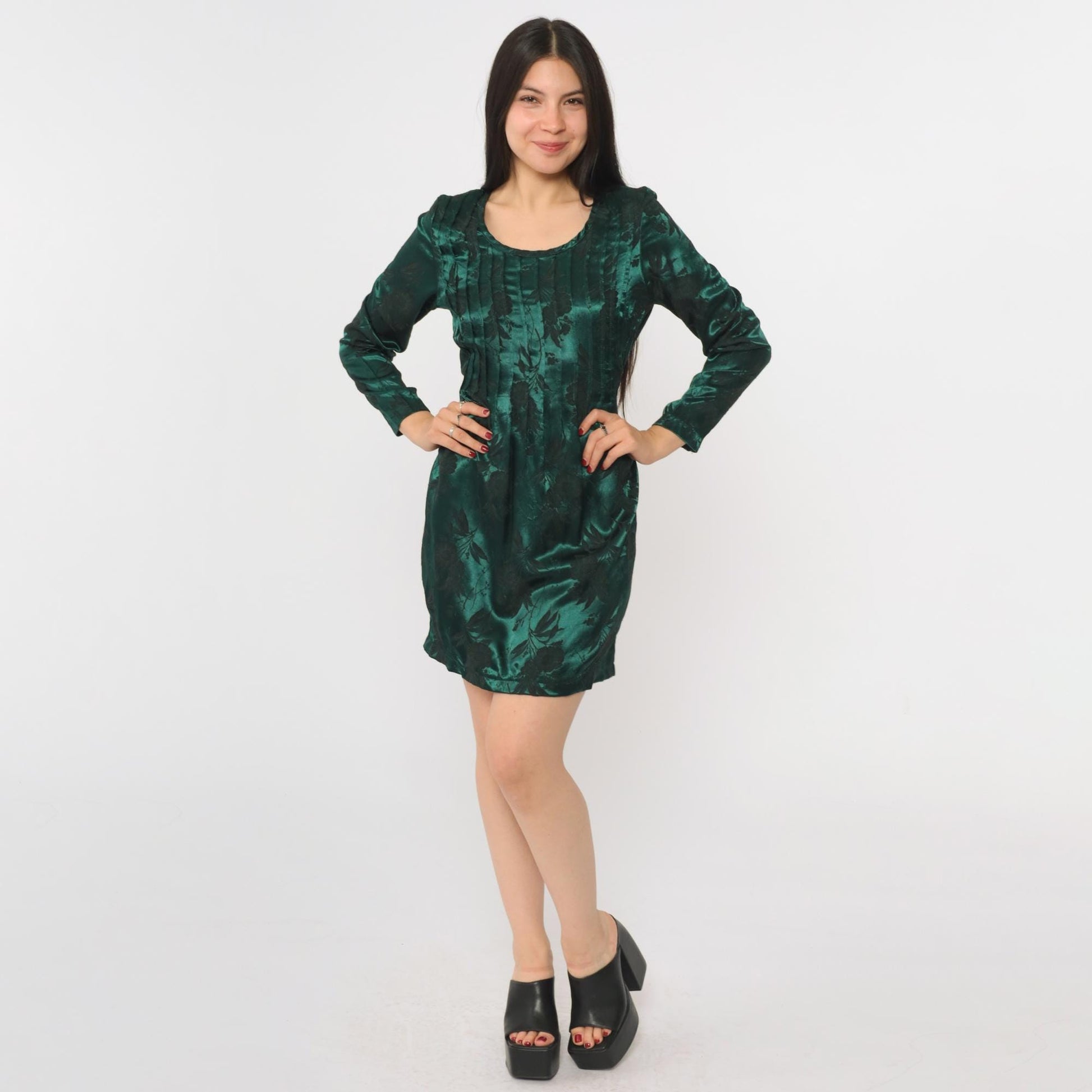 90s Sarah Richards Green Satin Floral Mini Dress Long Sleeve Scoop Neck Small