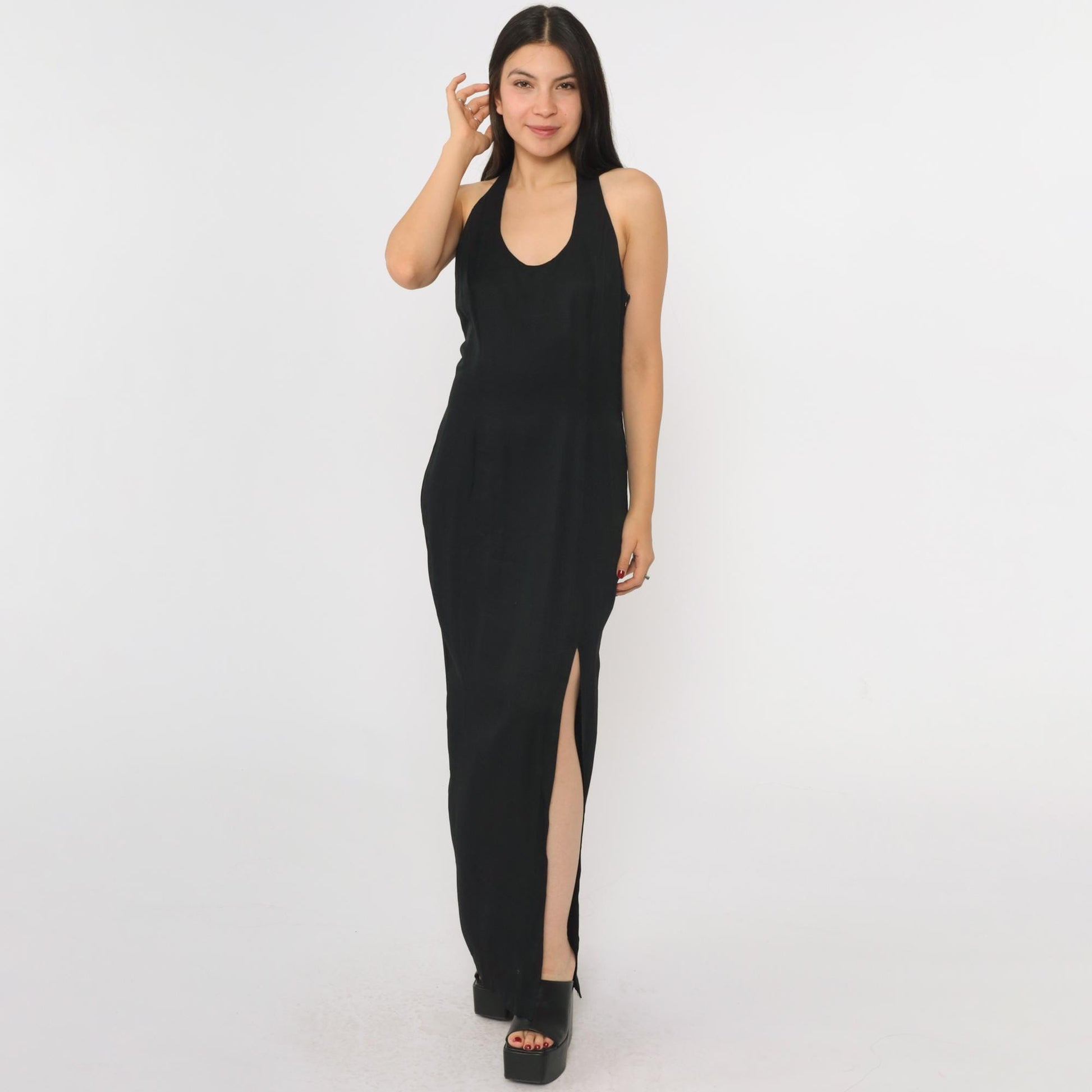 90s Jessica McClintock Gunne Sax Black Maxi Dress Racerback Embroidered Slit Small