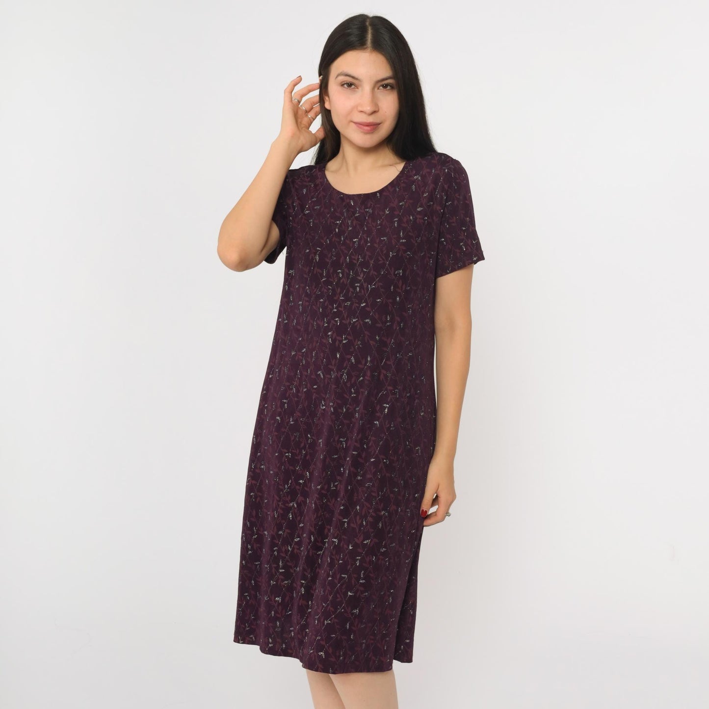 90s AGB Purple Floral Glitter Dress Knee-Length Short Sleeve Large L