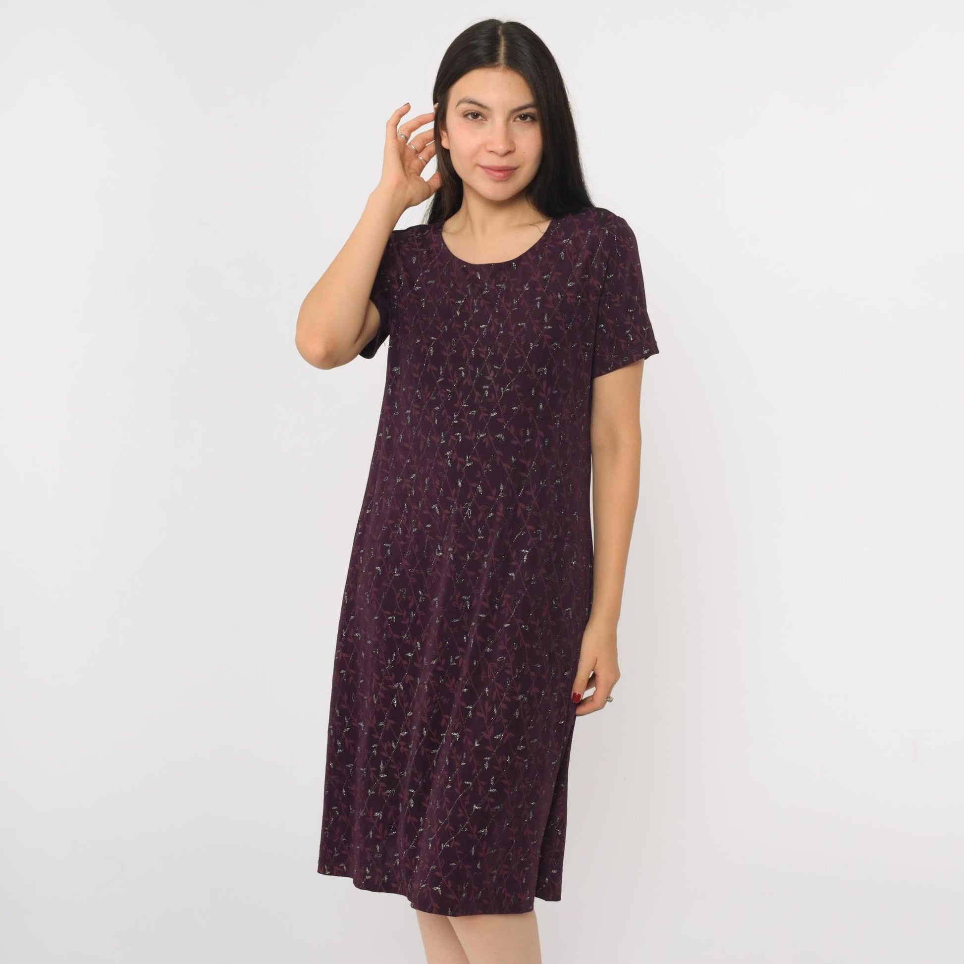 90s AGB Purple Floral Glitter Dress Knee-Length Short Sleeve Large L