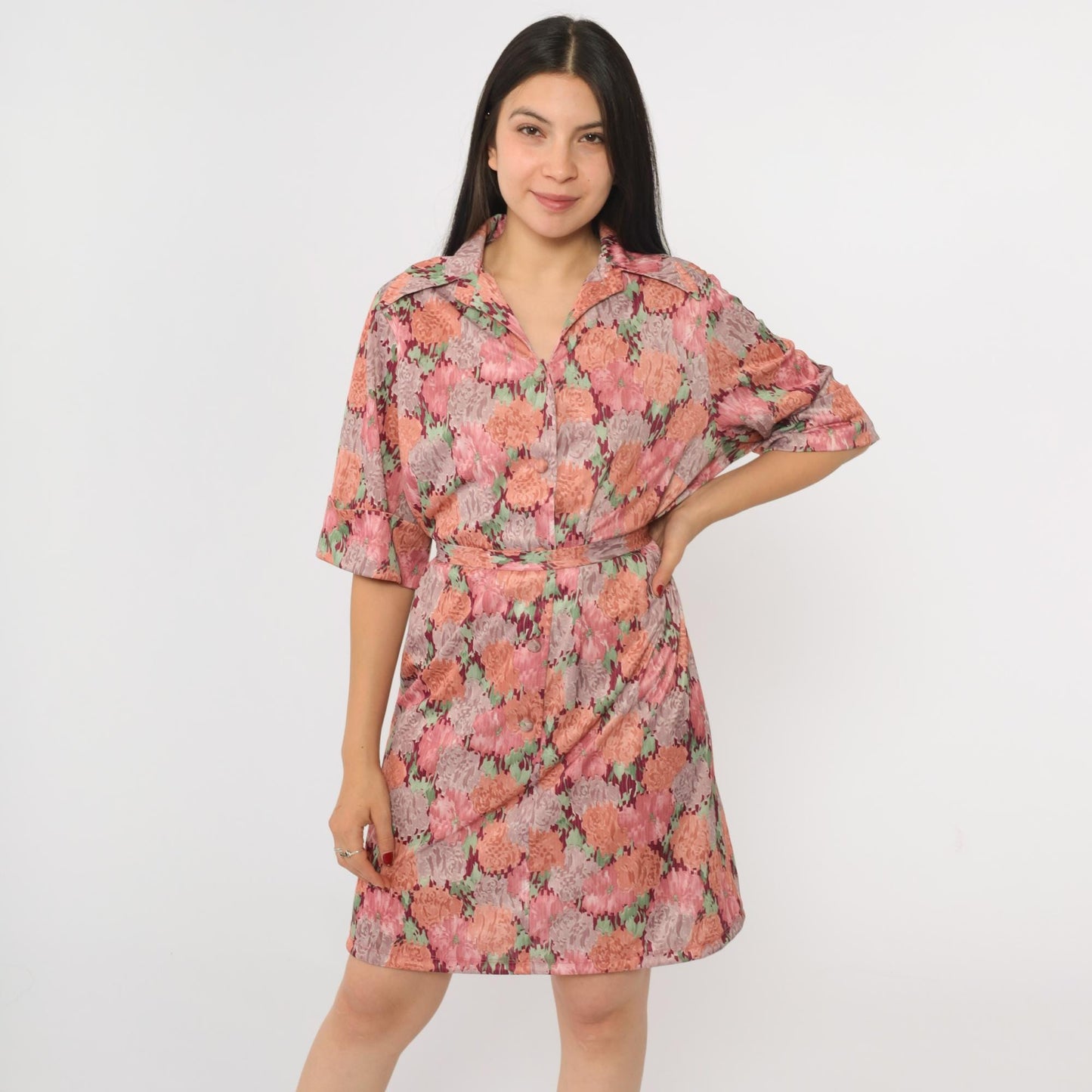 70s Pink Floral Shift Mini Dress Button-Up Half Sleeve Tie Belt Extra Large