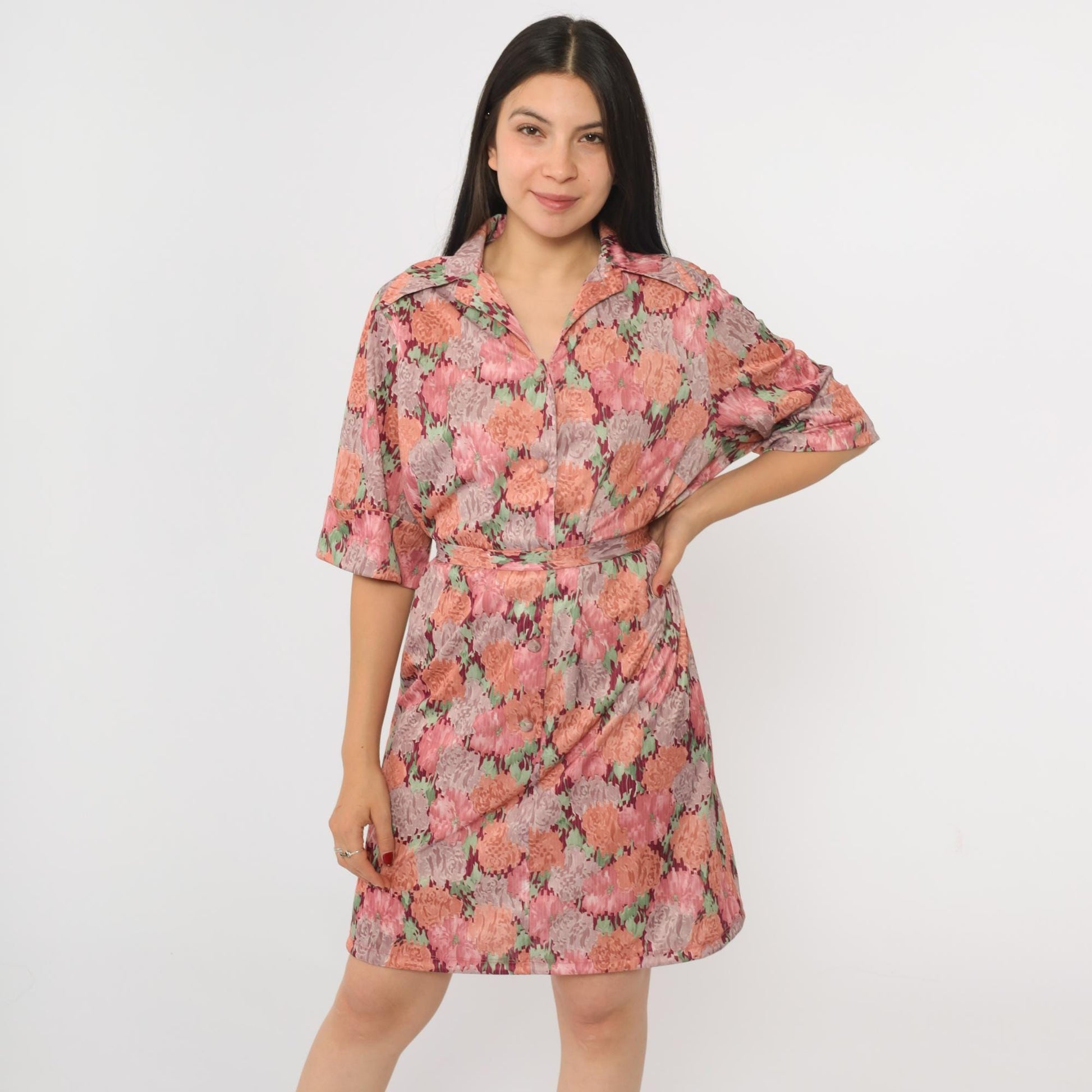 70s Pink Floral Shift Mini Dress Button-Up Half Sleeve Tie Belt Extra Large