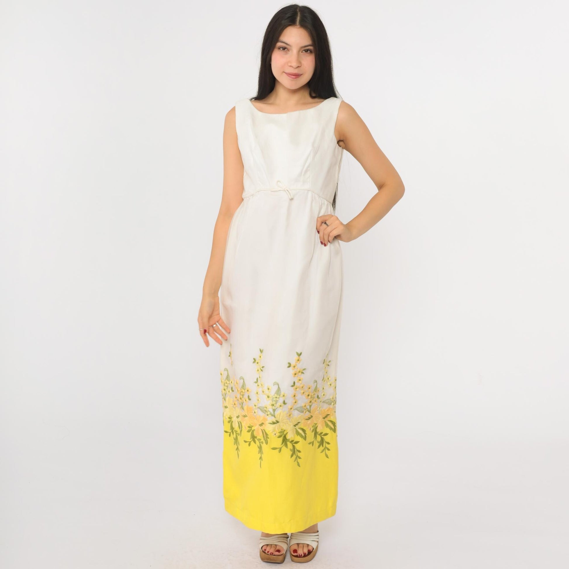 60s Franklin Simon Floral Embroidered Maxi Dress White Yellow Sleeveless Small