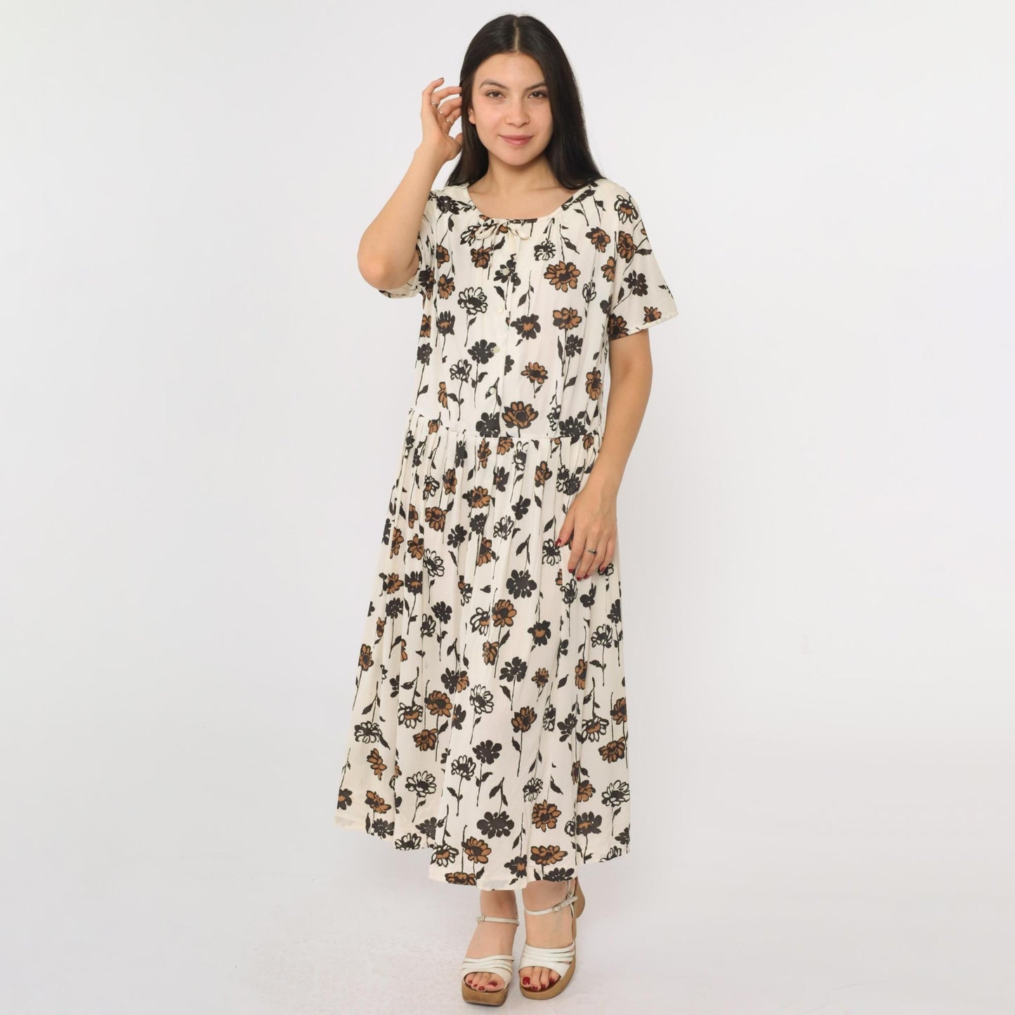 60s White Floral Bow Neck Button-Up Midi Dress Black Brown Print Large L
