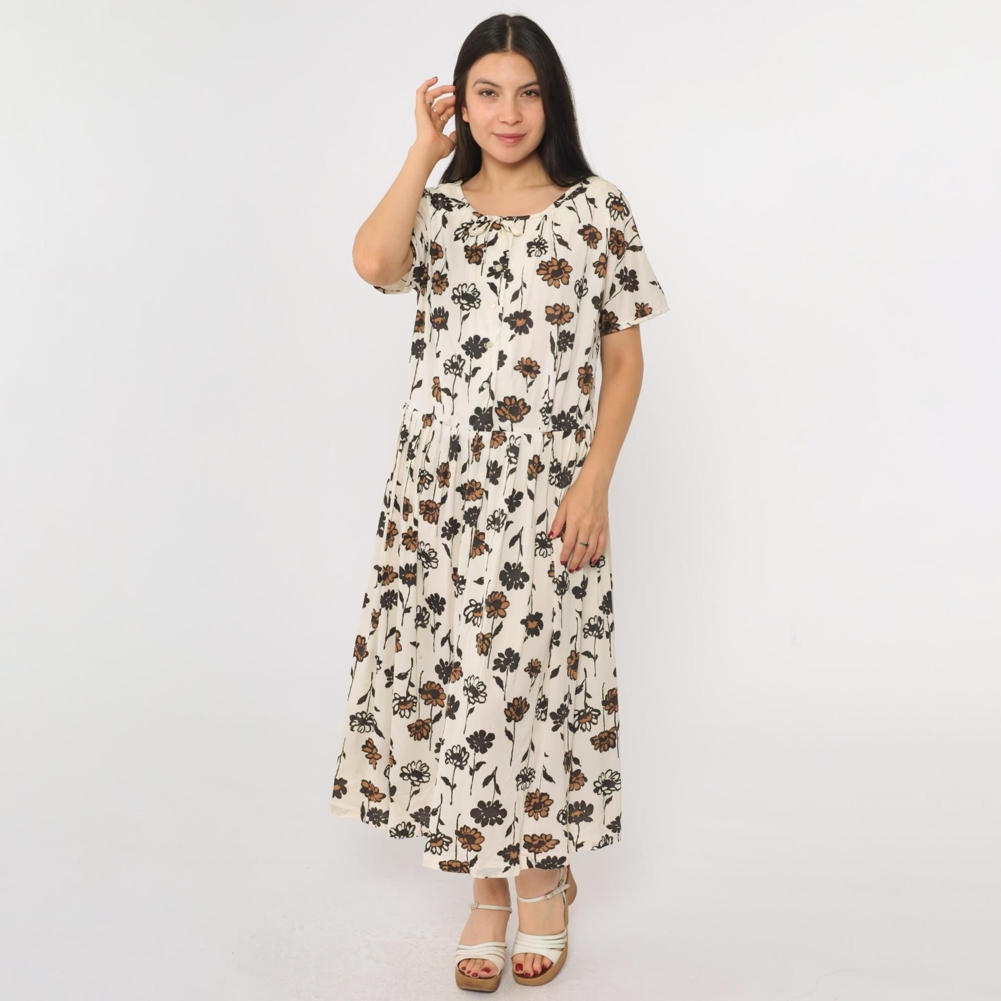 60s White Floral Bow Neck Button-Up Midi Dress Black Brown Print Large L