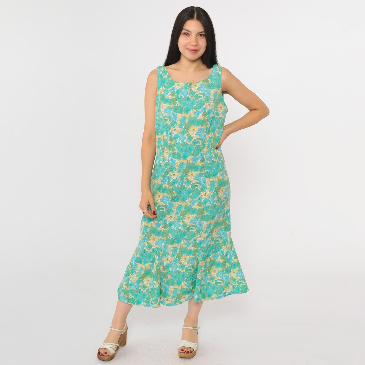 90s R & K Originals Floral Midi Dress Turquoise Blue Sleeveless Mermaid Hem Medium