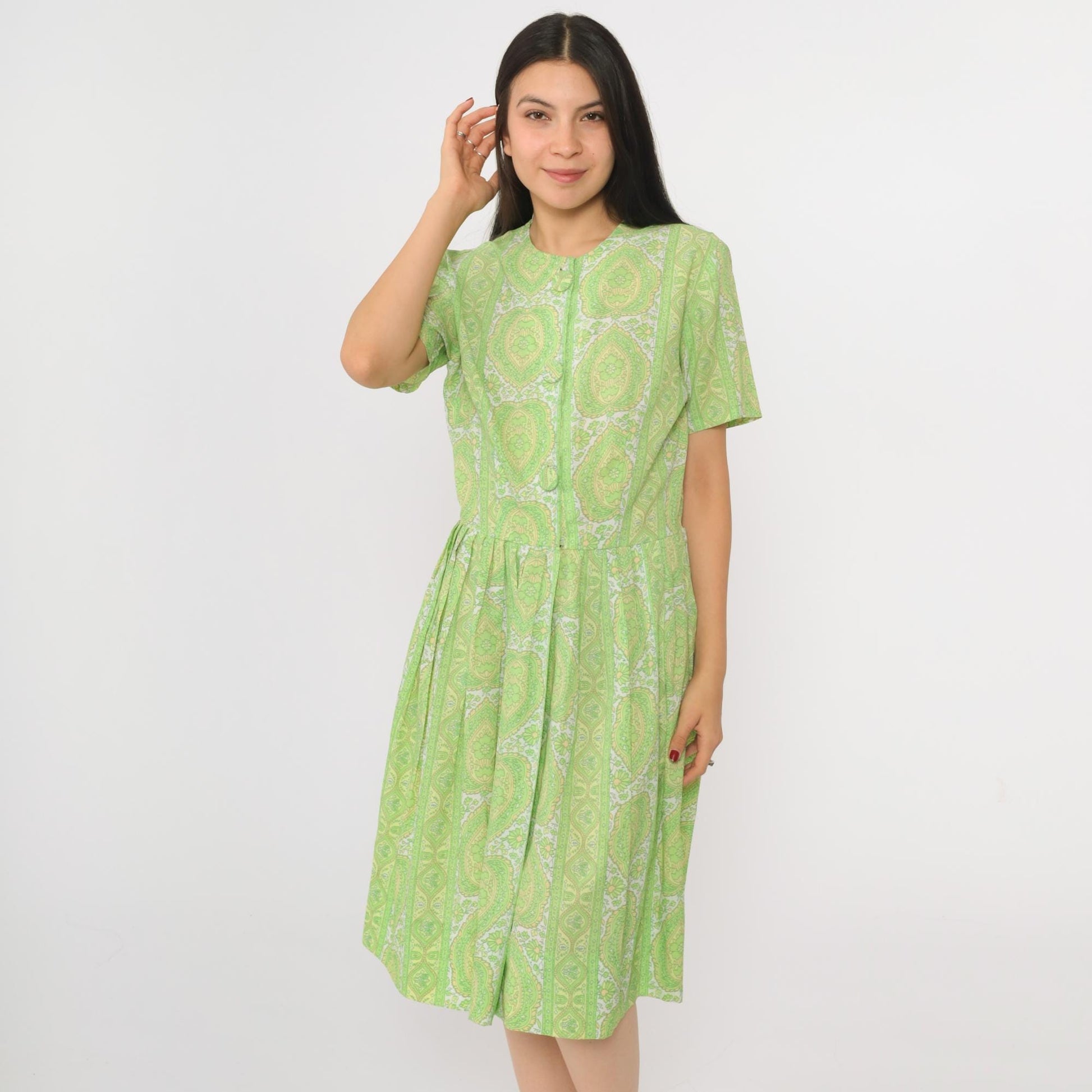 60s Green Floral Button-Up Dress Knee Length Pleated Skirt Small