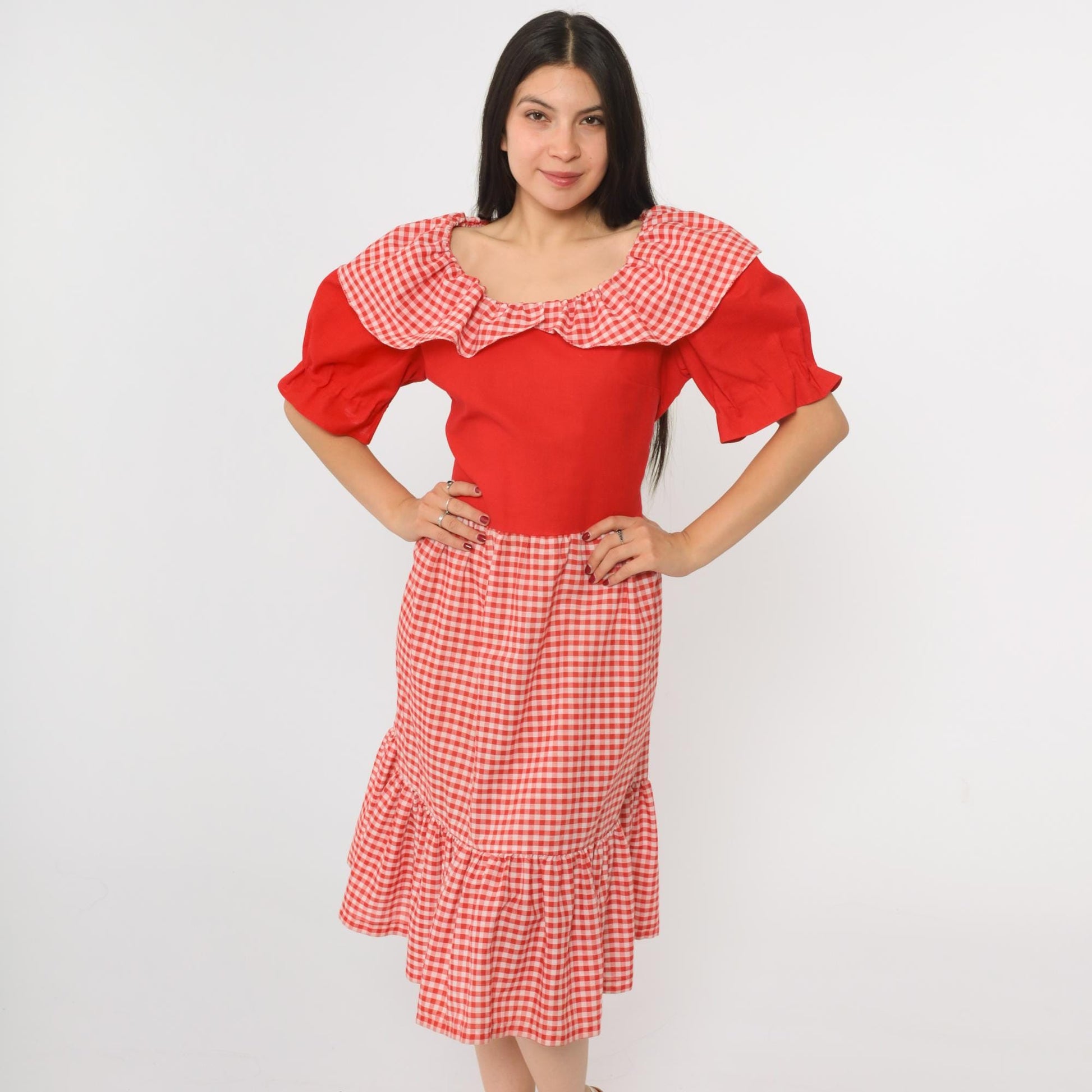 70s Red Gingham Prairie Dress Puff Sleeve Midi High Waist Medium Large