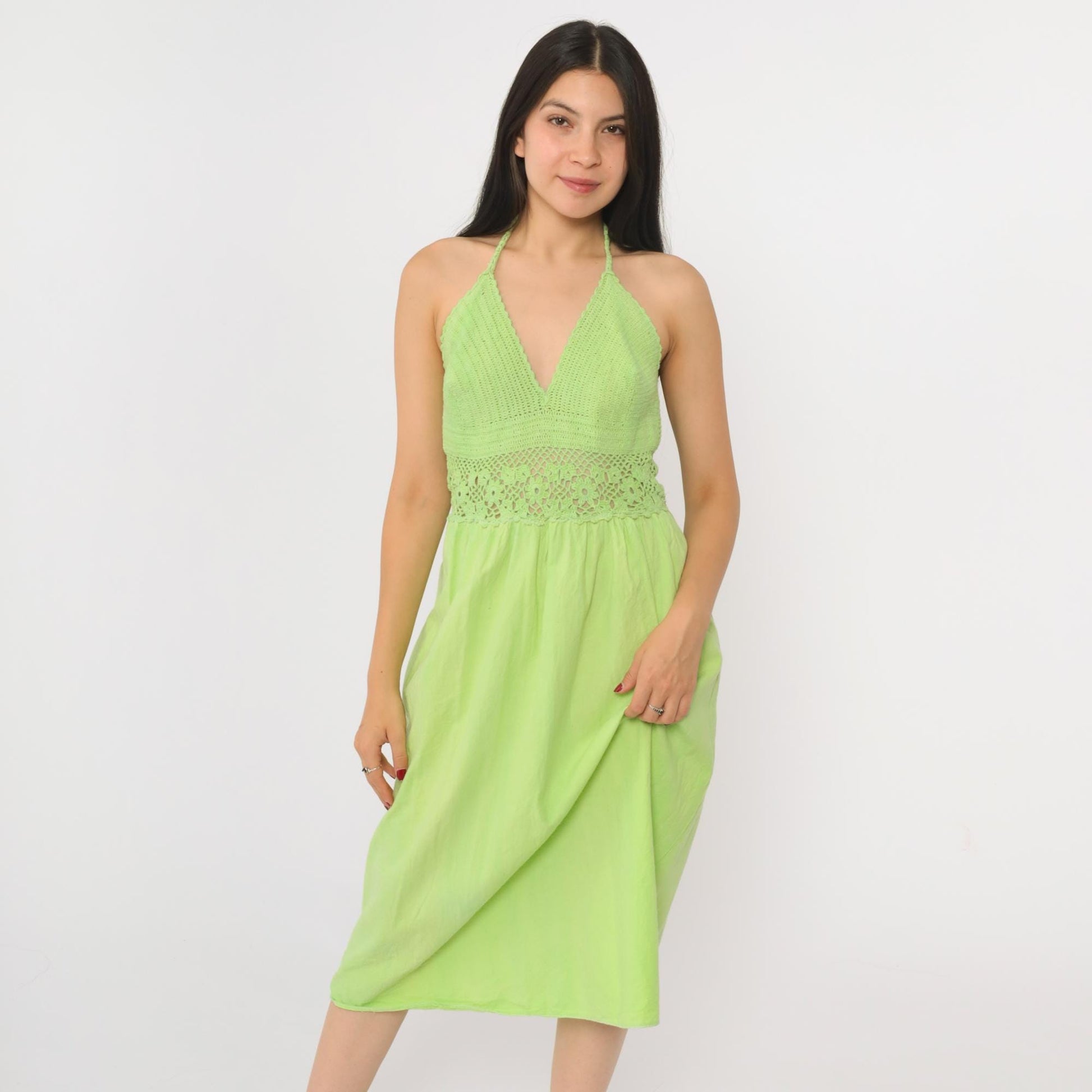 90s Lime Green Crochet Halter Midi Dress Deep V Sheer Waist Small Medium