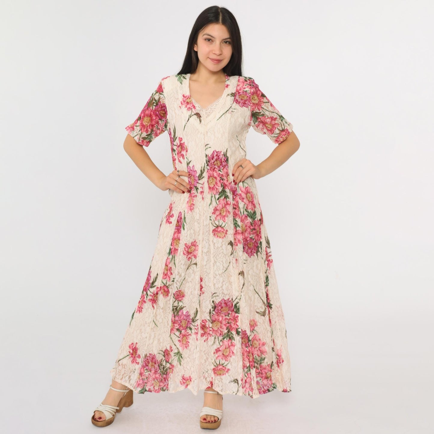 90s Nostalgia Ivory Lace Maxi Dress Pink Floral V-Neck Short Sleeve Small S
