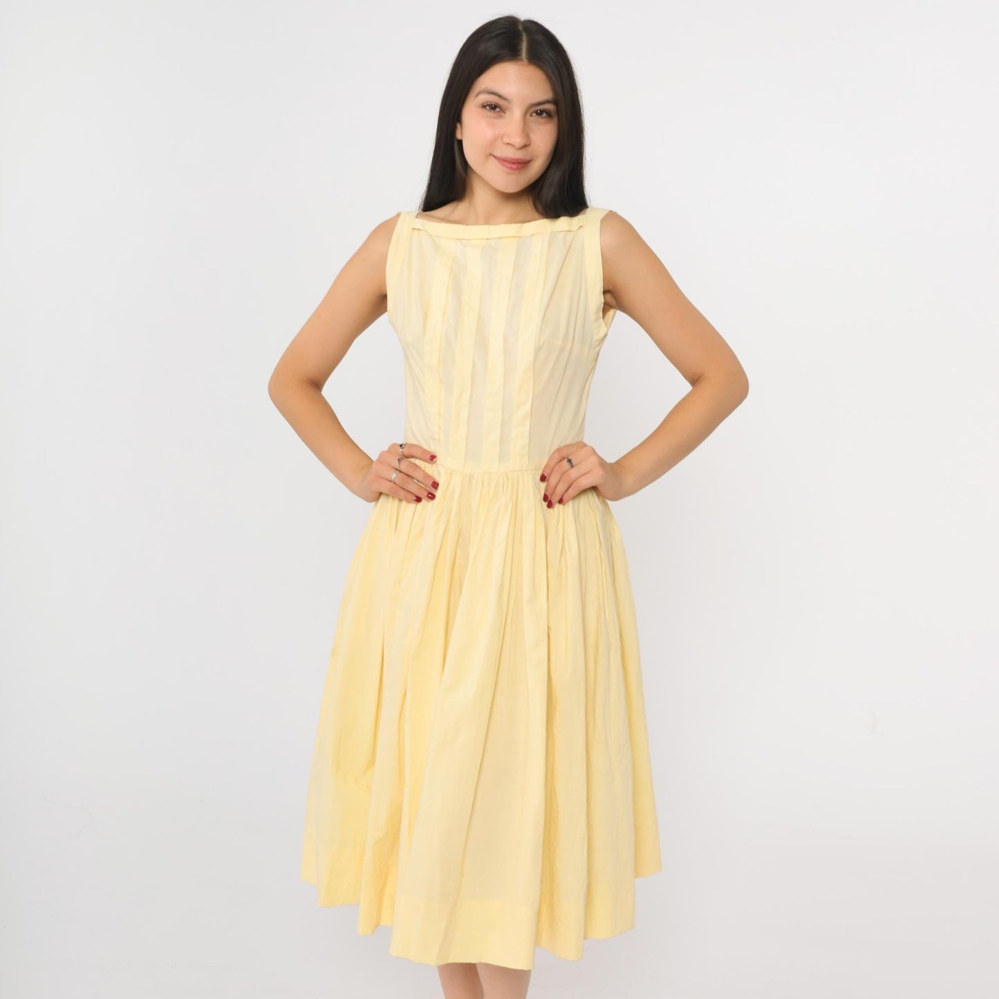 60s Yellow Boatneck Midi Dress Pleated Full Skirt Sleeveless Extra Small