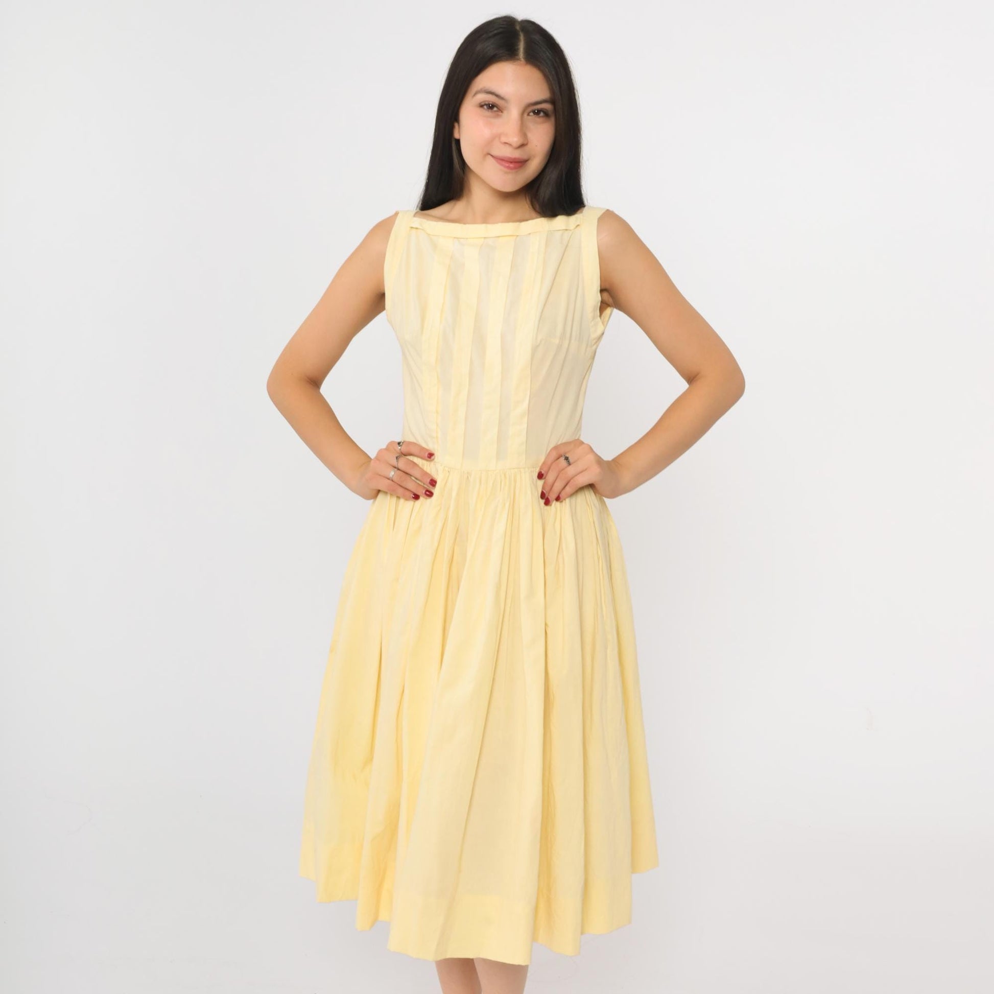60s Yellow Boatneck Midi Dress Pleated Full Skirt Sleeveless Extra Small