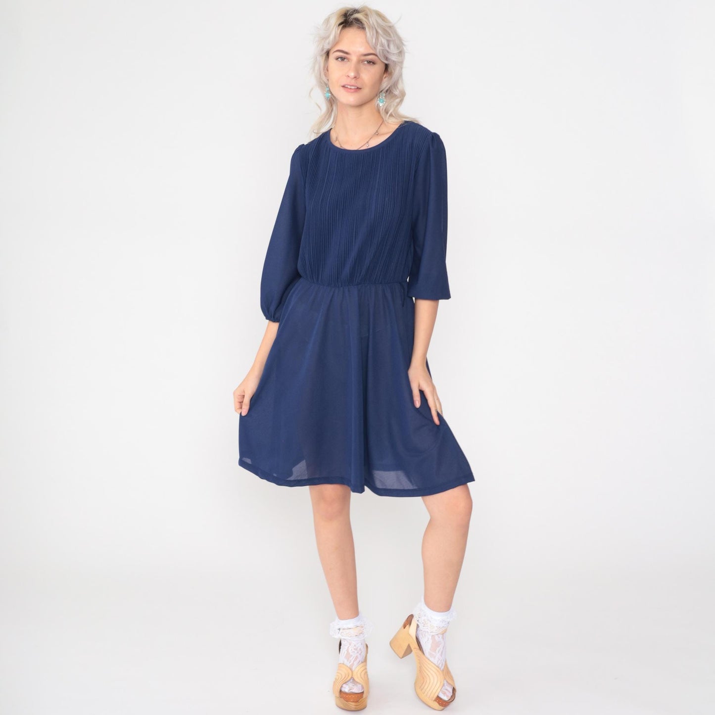 80s Navy Puff Sleeve Mini Dress Knife Pleated High Waist Medium Large