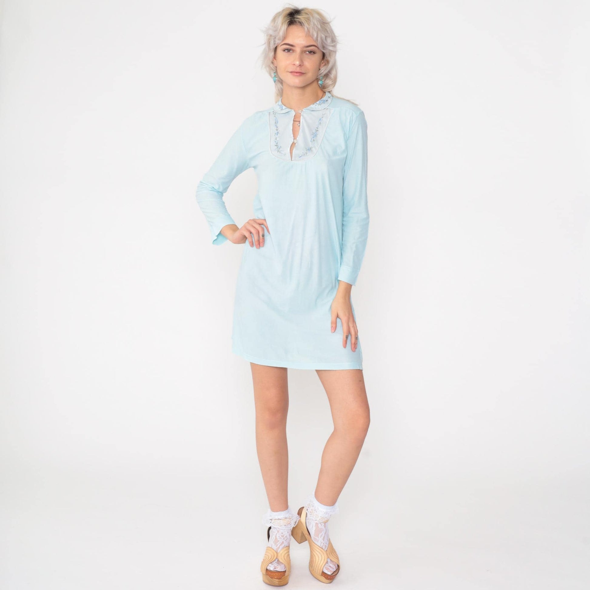 70s Baby Blue Embroidered Floral Pajama Dress Nylon Nightgown Mini Small