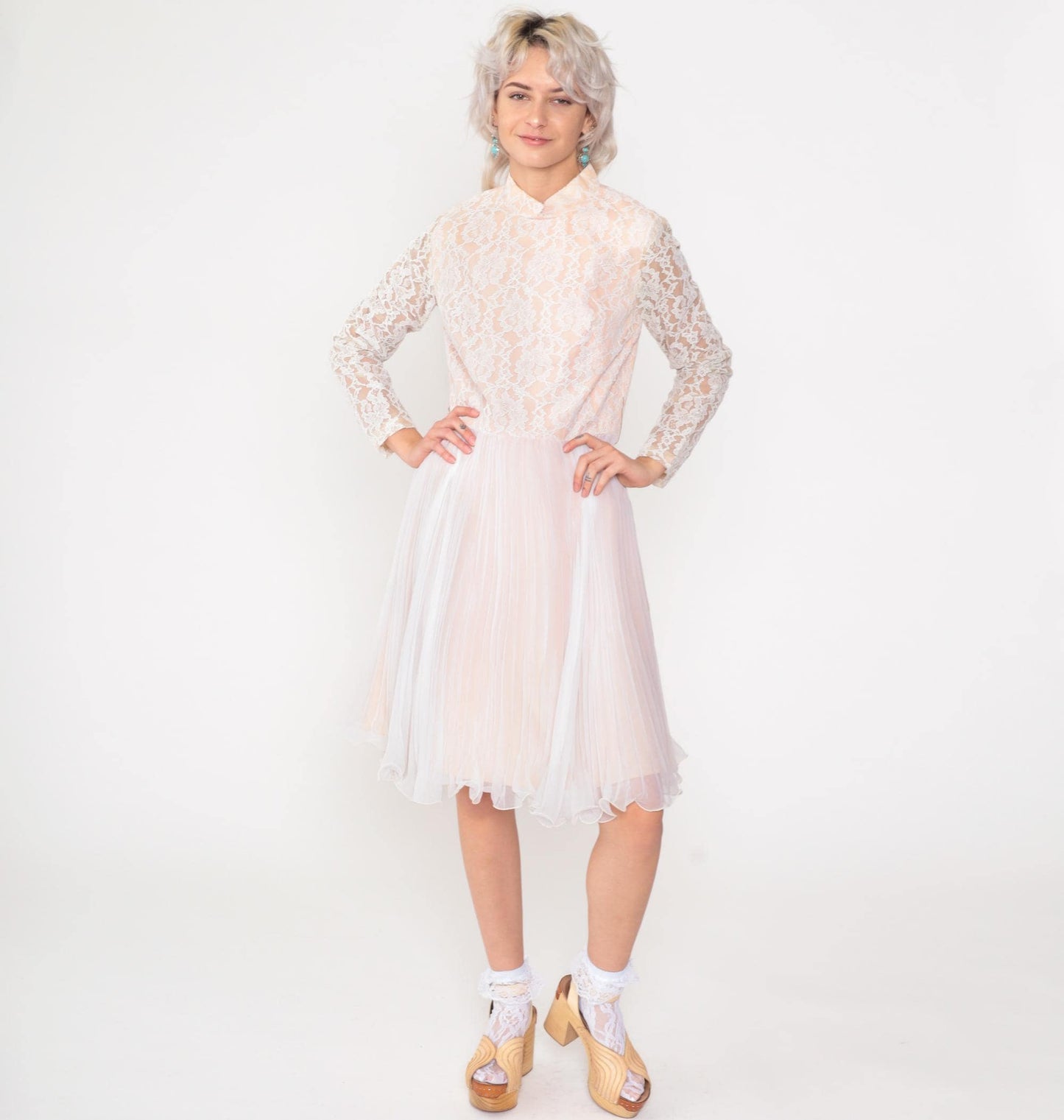 60s White Lace Chiffon Midi Dress Long Sleeve High Waist Mock Neck Medium M