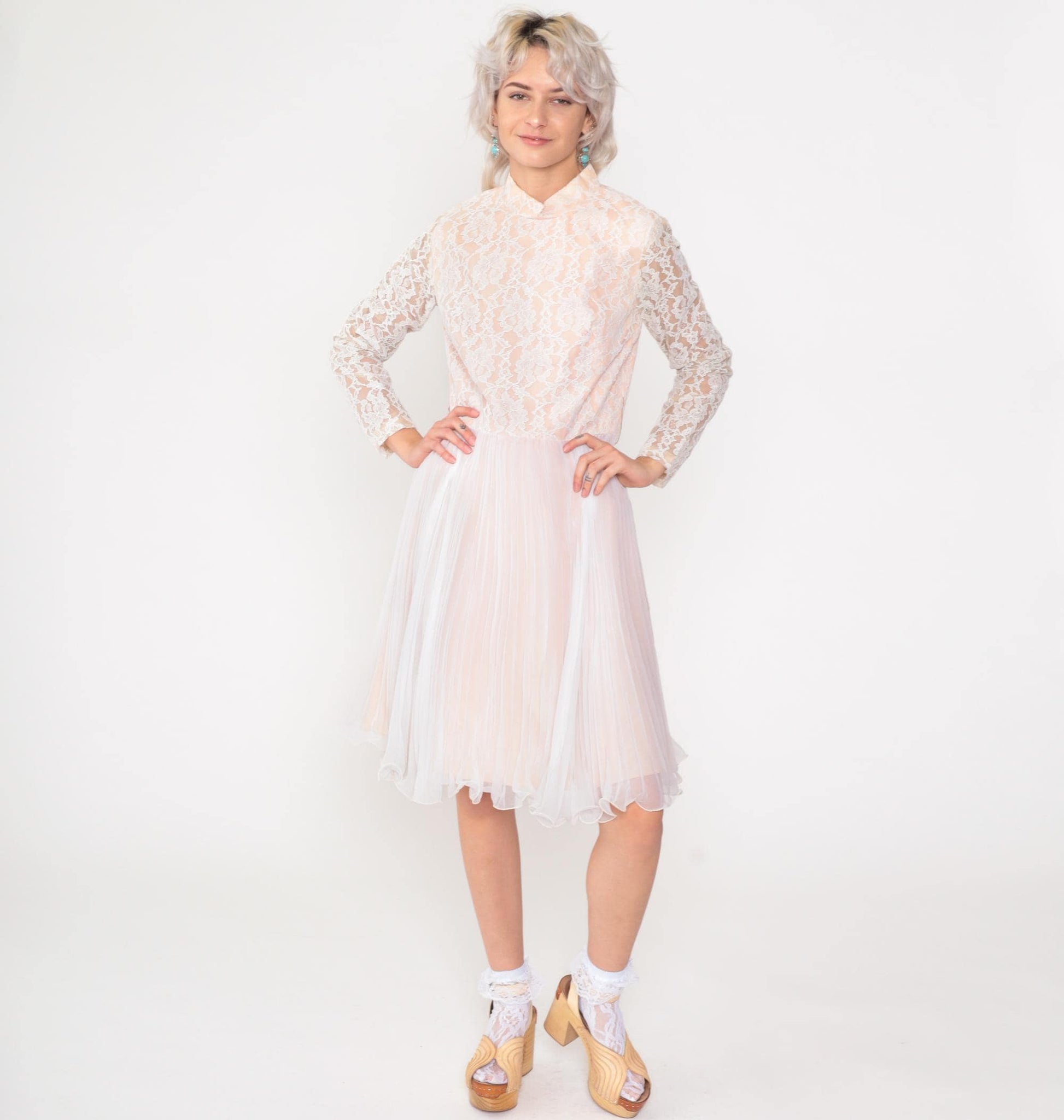 60s White Lace Chiffon Midi Dress Long Sleeve High Waist Mock Neck Medium M