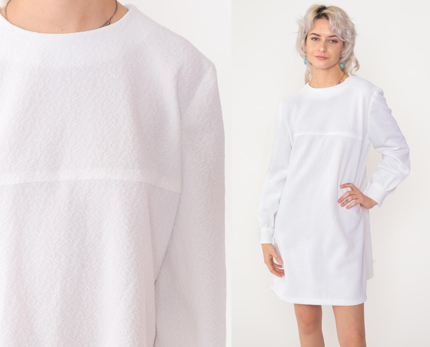 1960s White Mod Shift Mini Dress Long Sleeve Twiggy Medium M