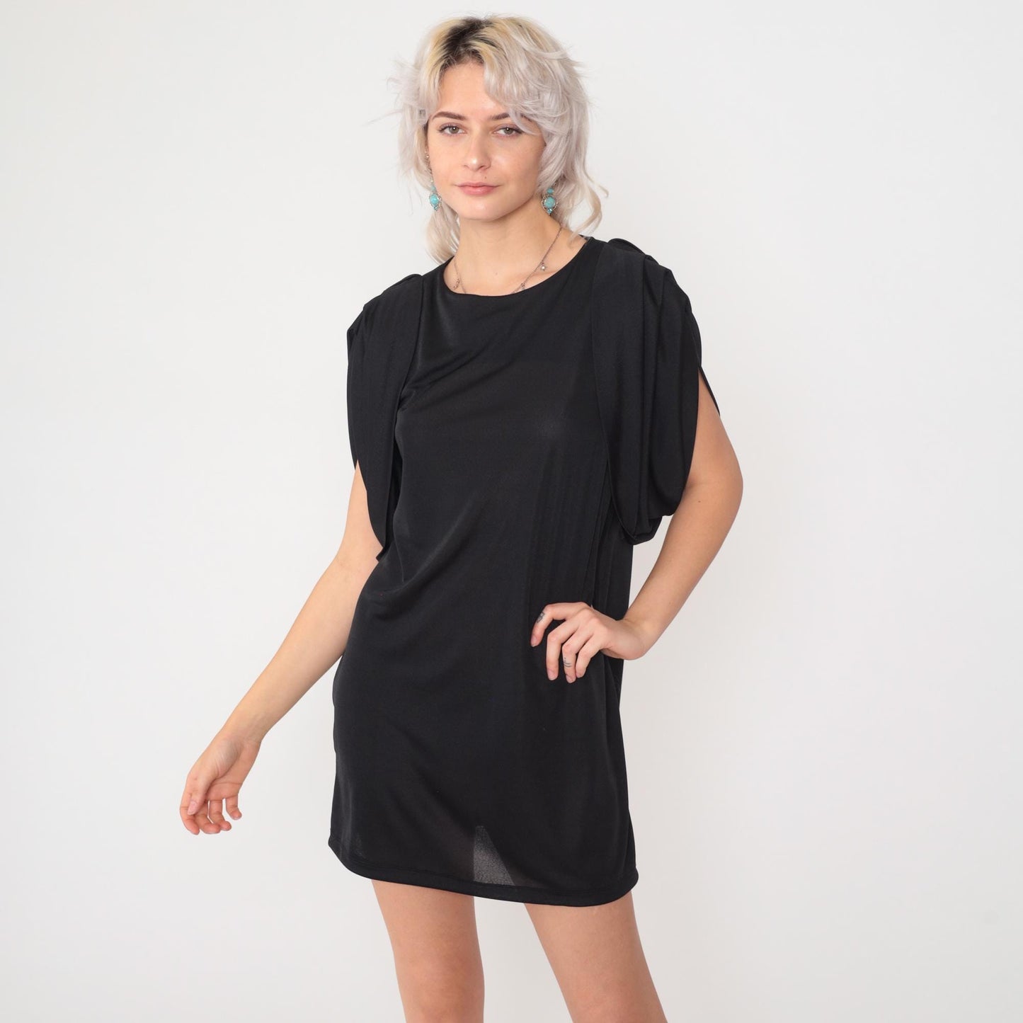 80s Patra Black Mini Shift Dress Cap Sleeve Keyhole Back Medium M