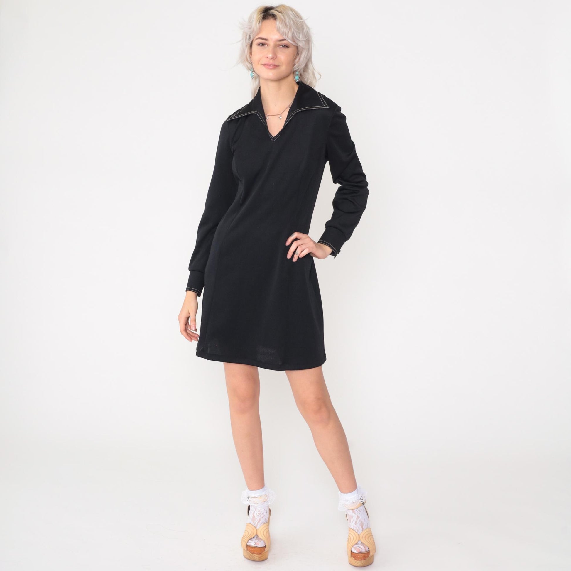 70s Black Mini Dress Dagger Collar White Topstitching Sheath Medium Large