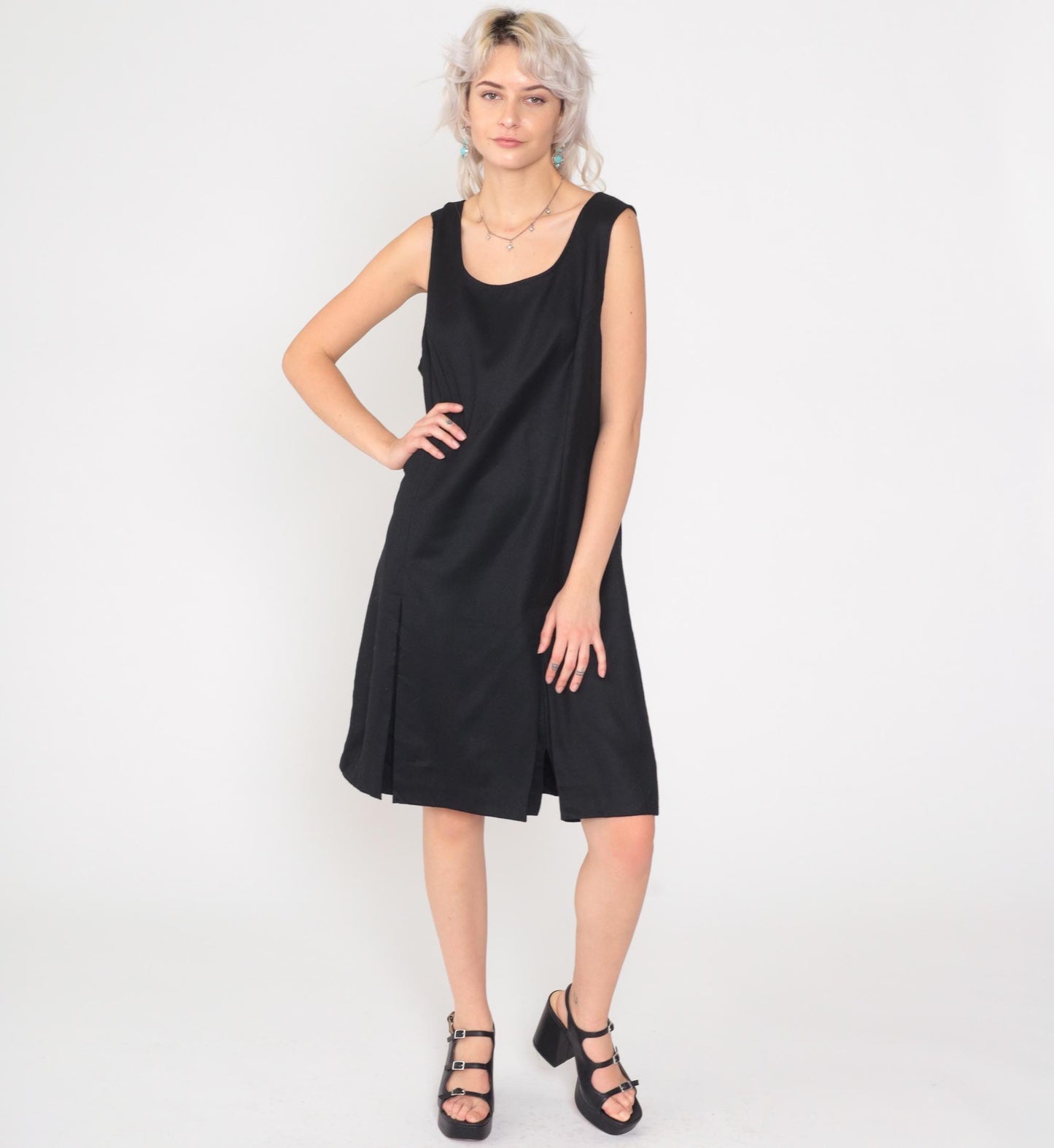 90s Rafaella Black Wool Shift Dress Pleated Scoop Neck Sleeveless Mini Large