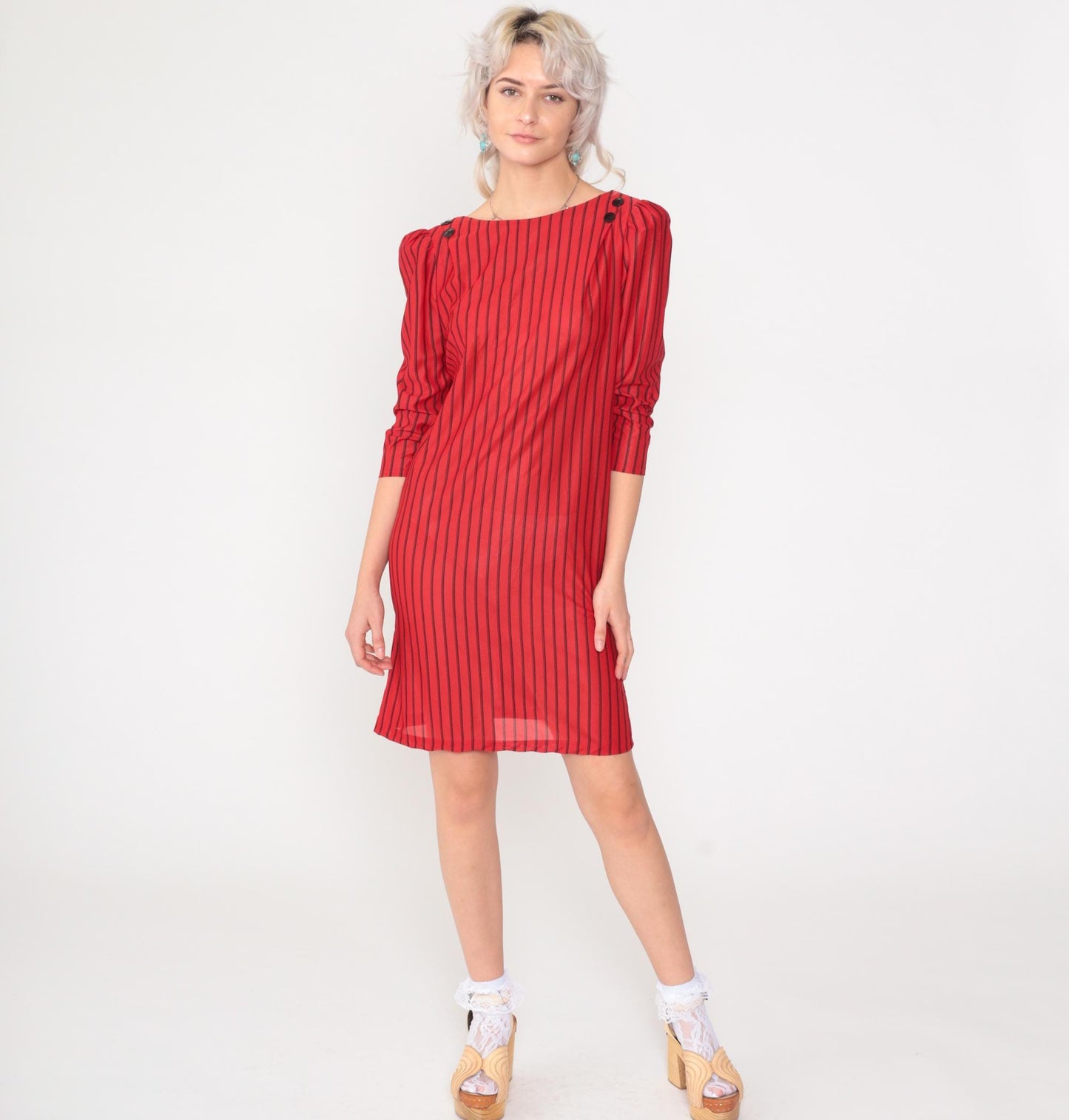 80s Red & Black Striped Mini Dress Puff Sleeve Button Back Small S
