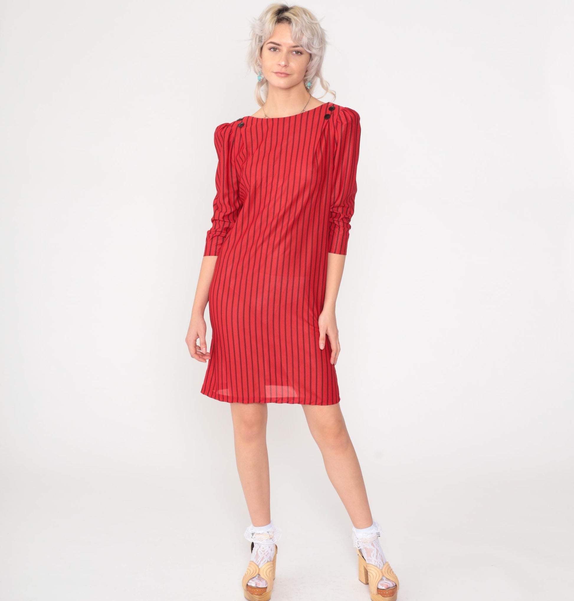 80s Red & Black Striped Mini Dress Puff Sleeve Button Back Small S