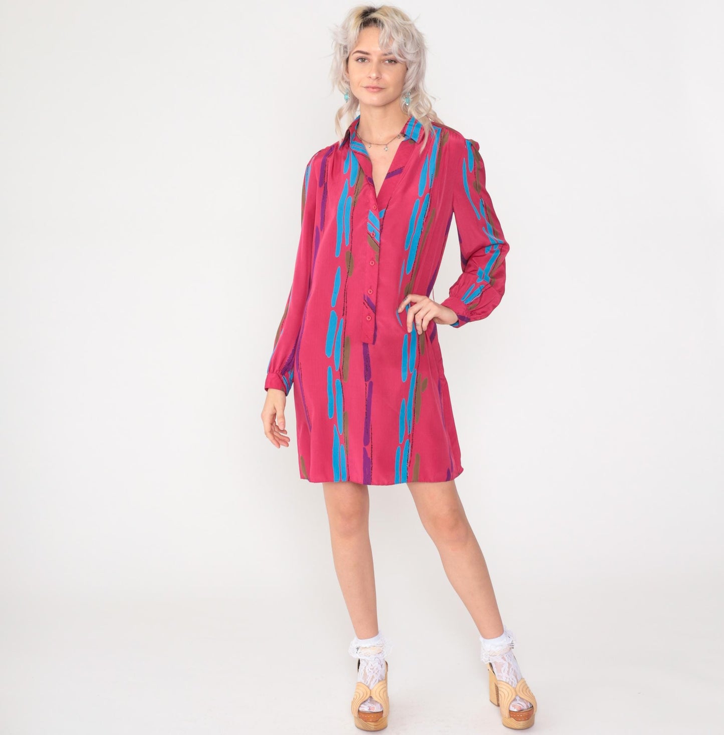 80s Fuchsia Striped Mini Dress Puff Sleeve Button-Up Shirtdress Medium