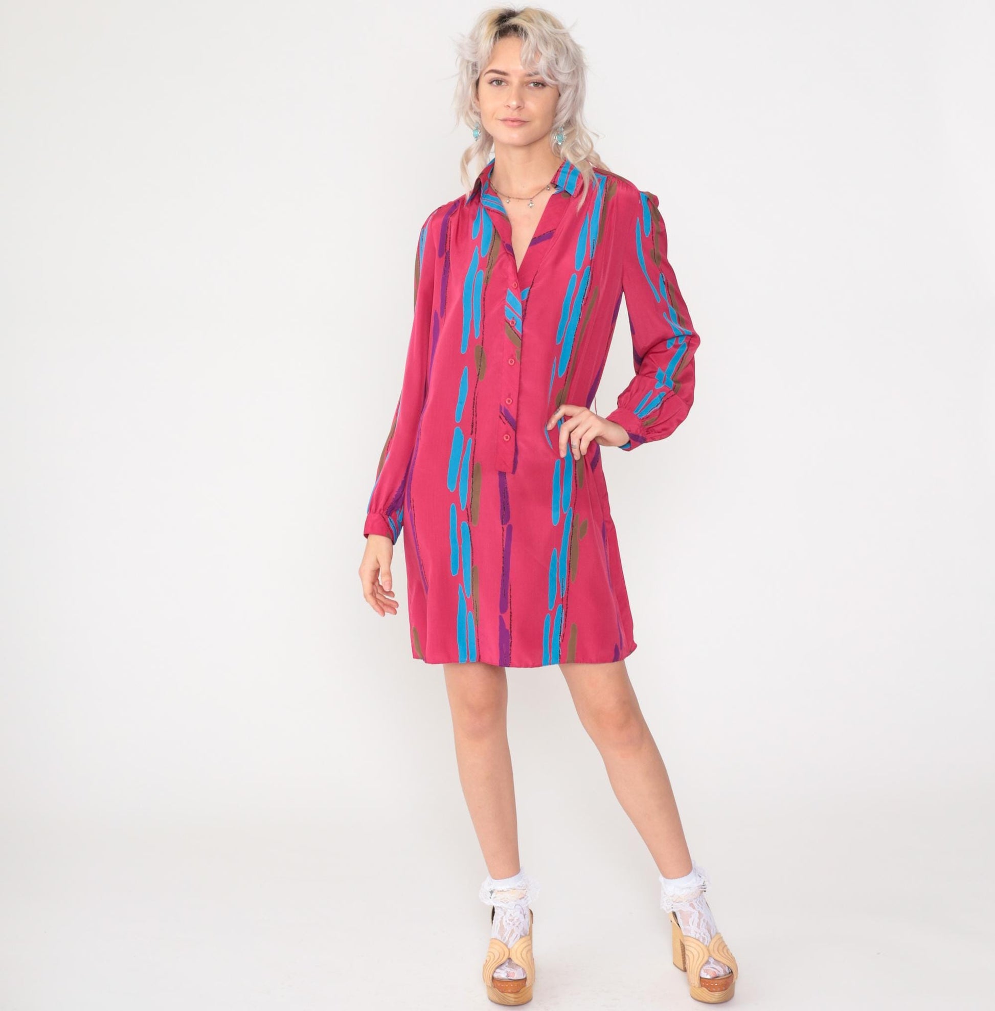 80s Fuchsia Striped Mini Dress Puff Sleeve Button-Up Shirtdress Medium